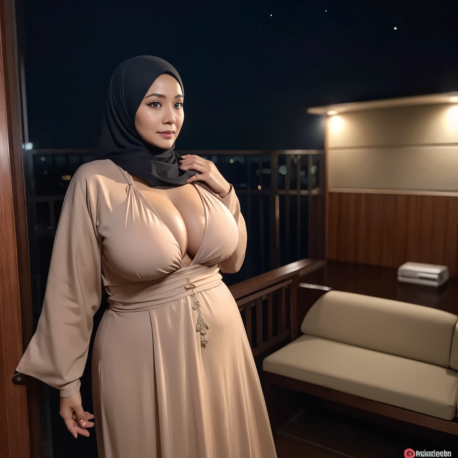50 years Old, Hijab Indonesian mature woman, Big : 32.9, ((Bouncing Tits)), Gamis, Curvy Body, Breast about To burst out from her clothes, at doctor office, Dark light, at Nighttime.