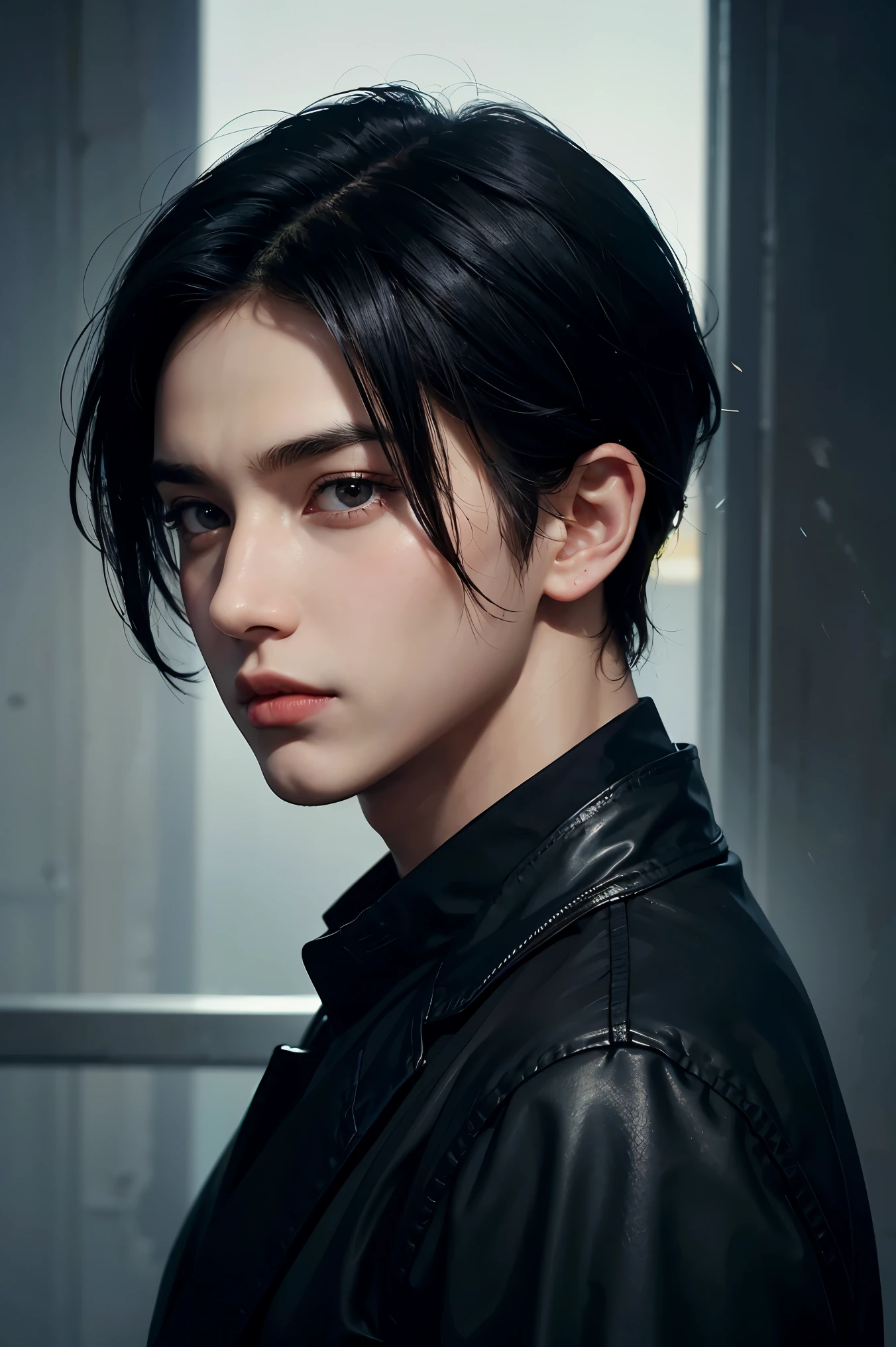 there is a young man, with black hair, Stare to the side, With a gloomy air, masterpiece, best quality, actual, 1 person, male focus, Handsome, [thick eyebrows], portrait, extremely detailed face, black hair, (short hair)