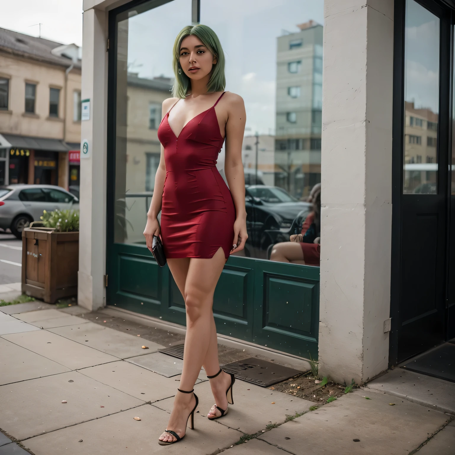 1girls, Nur, green Hair , 24 years old , Modern and chic , Red dress, black stiletto heels