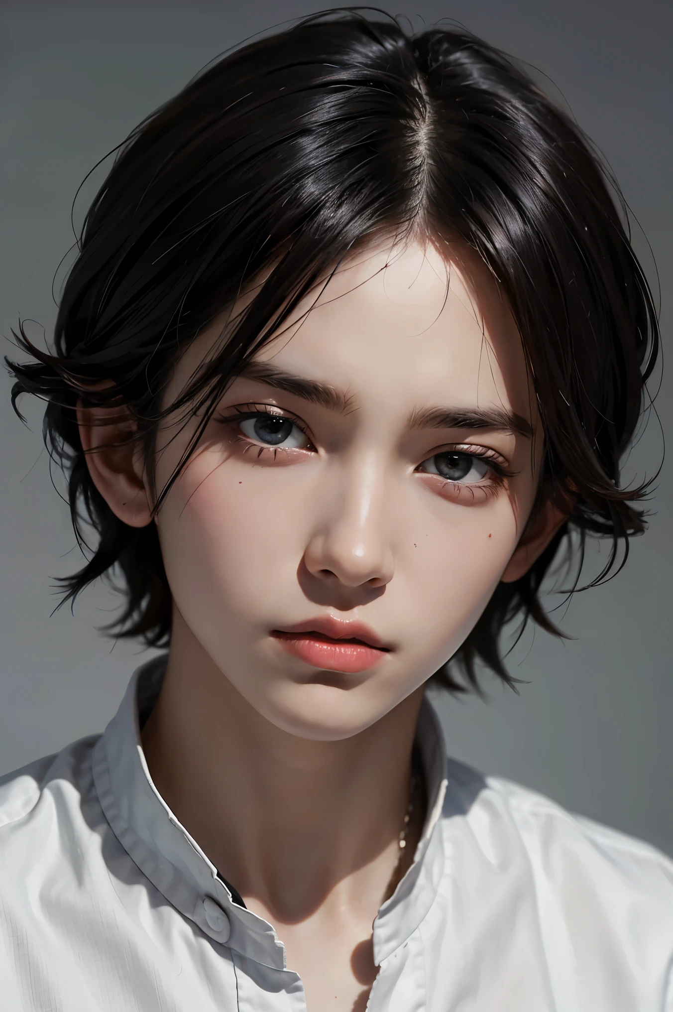 there is a young man, with black hair, Stare to the side, With a gloomy air, masterpiece, best quality, actual, 1 person, male focus, Handsome, [thick eyebrows], portrait, extremely detailed face, black hair, (short hair)