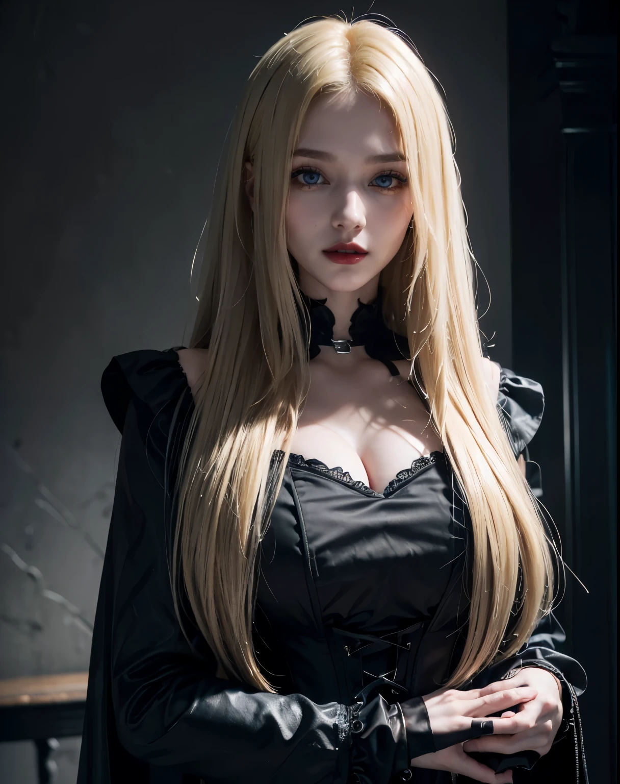 1girl, (Blue eyes), (Smile), (Sana Minatozaki), pale skin :1.1, (close-up at faces :1.3), (beautiful gothic makeup :1.2), wide hips, Big , big ass, round butt, (Best Quality, 8k, Masterpiece: 1.3), perfect hands, Clear Focus: 1.2, Perfect Body Beauty: 1.4 , Slender Abs: 1.2, Highly detailed face and skin texture, detailed eyes, double eyelids, red lips, (close up at face), (blonde long straight hair :1.3), (black gothic dress :1.2), (black corset :1.1), (black veil :1.1), standing, (hands on his chest :1.3), front view :1.2, ((dark theme :1.3)), (darkness), in a gothic room, dark environment