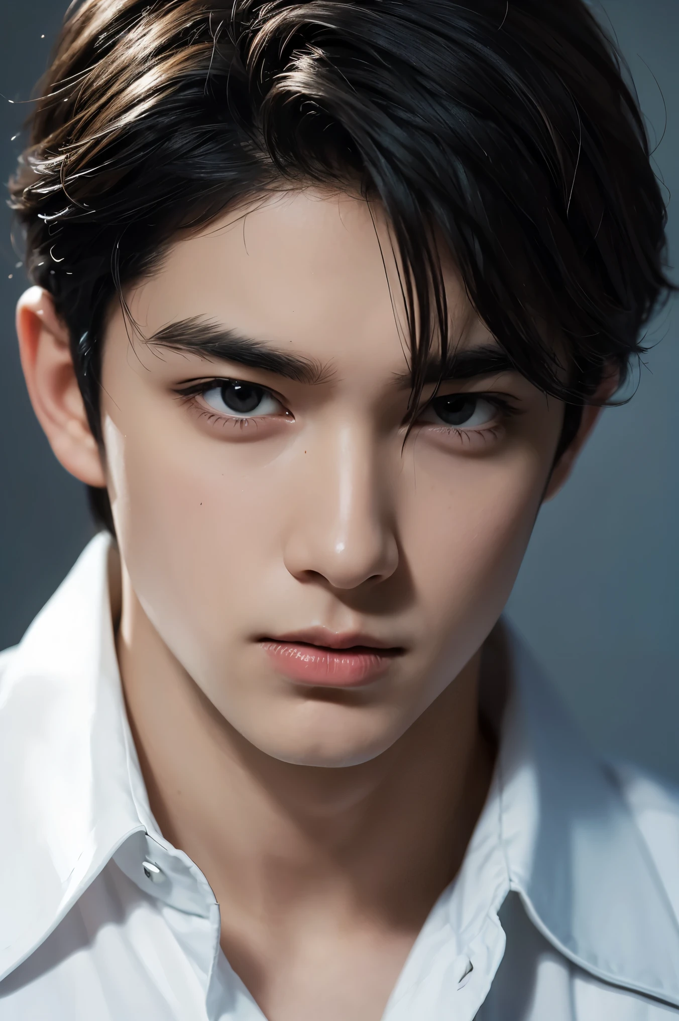 there is a young man, with black hair, Stare to the side, With a gloomy air, masterpiece, best quality, actual, 1 person, male focus, Handsome, [thick eyebrows], portrait, extremely detailed face, black hair, (short hair)