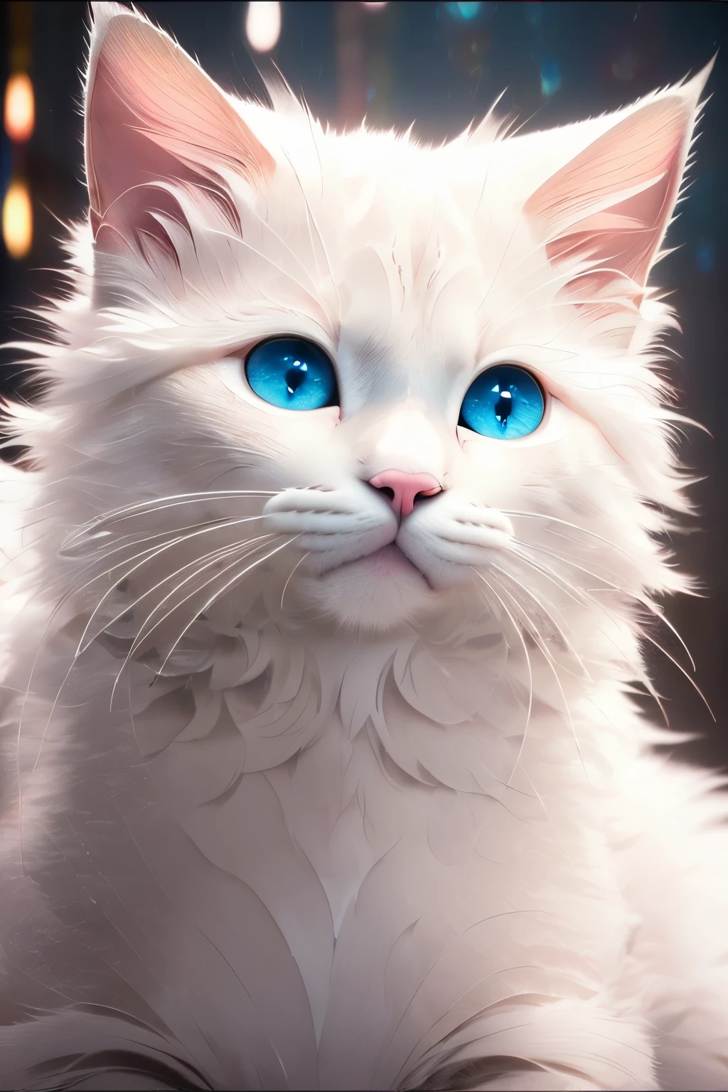 A majestic white cat, (purebred: 1.2), (glossy fur: 1.5), (delicate whiskers: 1.3), (expressive eyes: 1.4), ultrahigh definition, close-up, (detailed facial features: 1.1), (hyper-realistic: 1.3), HDR, cinematic shot, in soft focus, capturing the cat's playful and charming personality.