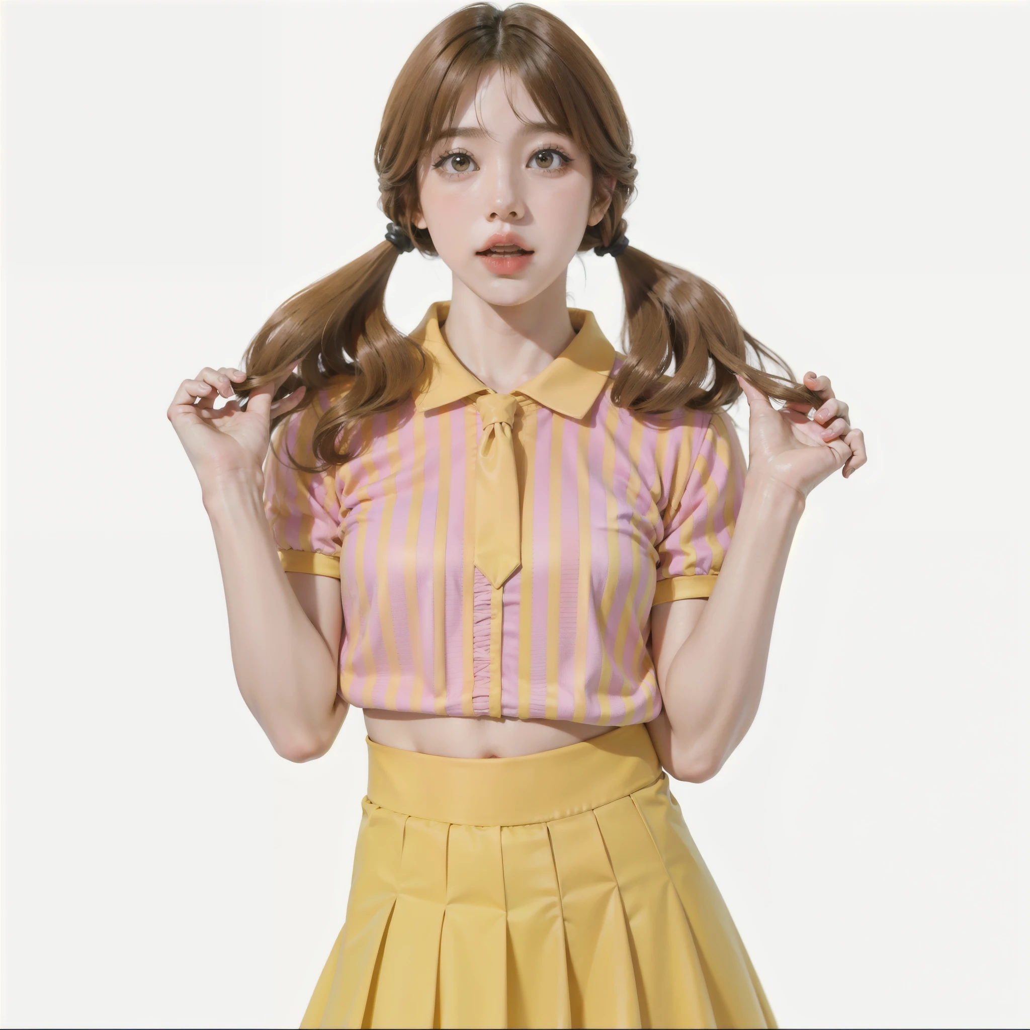 arafed woman with long hair weaalsog a yellow skirt and a pink shirt, bella delfina, peinado de dos colas, peinado de coletas, two peinado de coletas, y 2 k cutecore clowncore, chica anime en la vida real, peinado kawaii, pelo corto con coletas, estilo de color aya takano, tema de pelo ondulado amarillo, also, weaalsog yellow croptop
