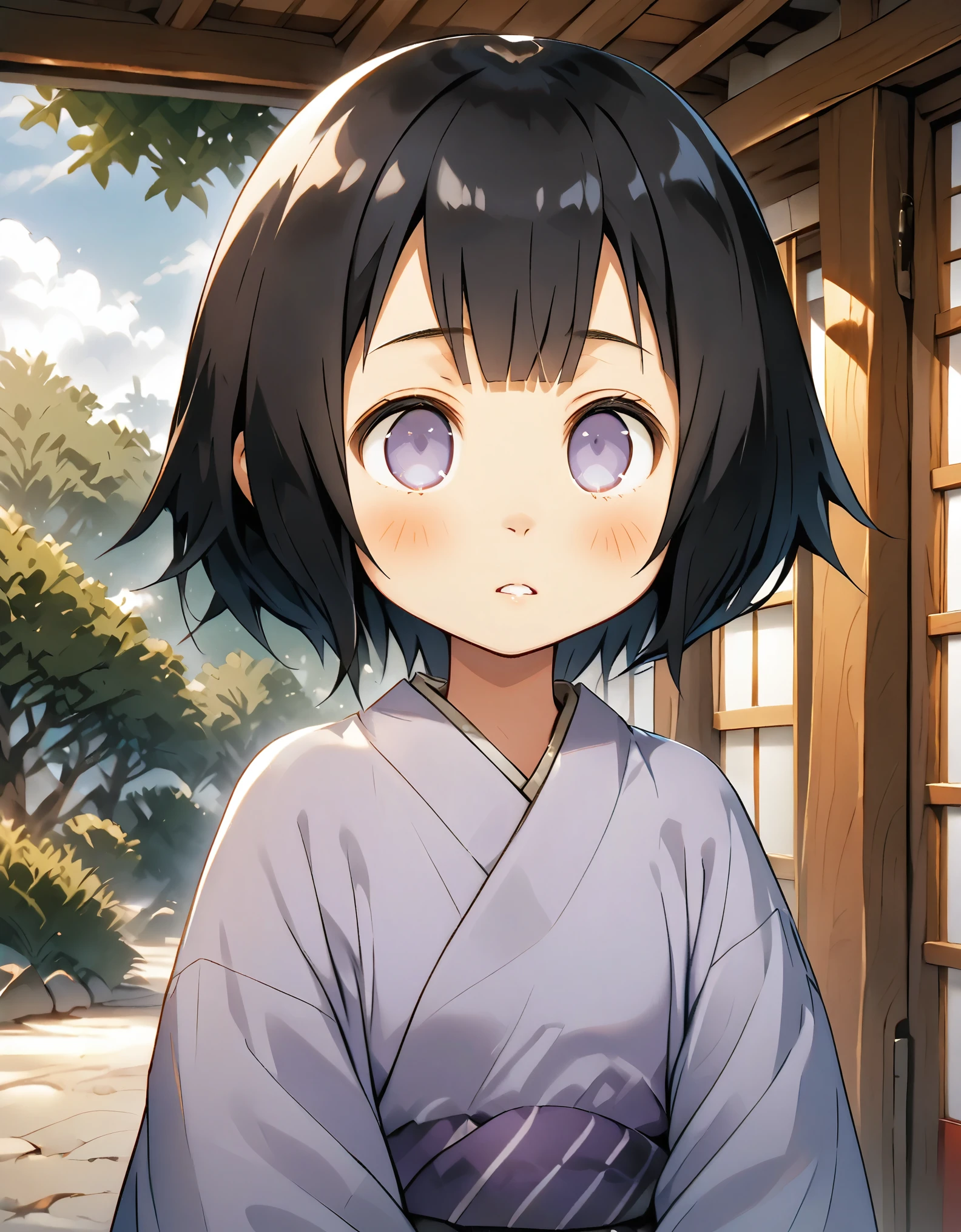 masterpiece, best quality, 1girl, hyuuga hinata, black hair, short hair, white eyes, no pupils, konohagakure, upper body, solo, looking at viewer, house inside, japanese house, meadow background,