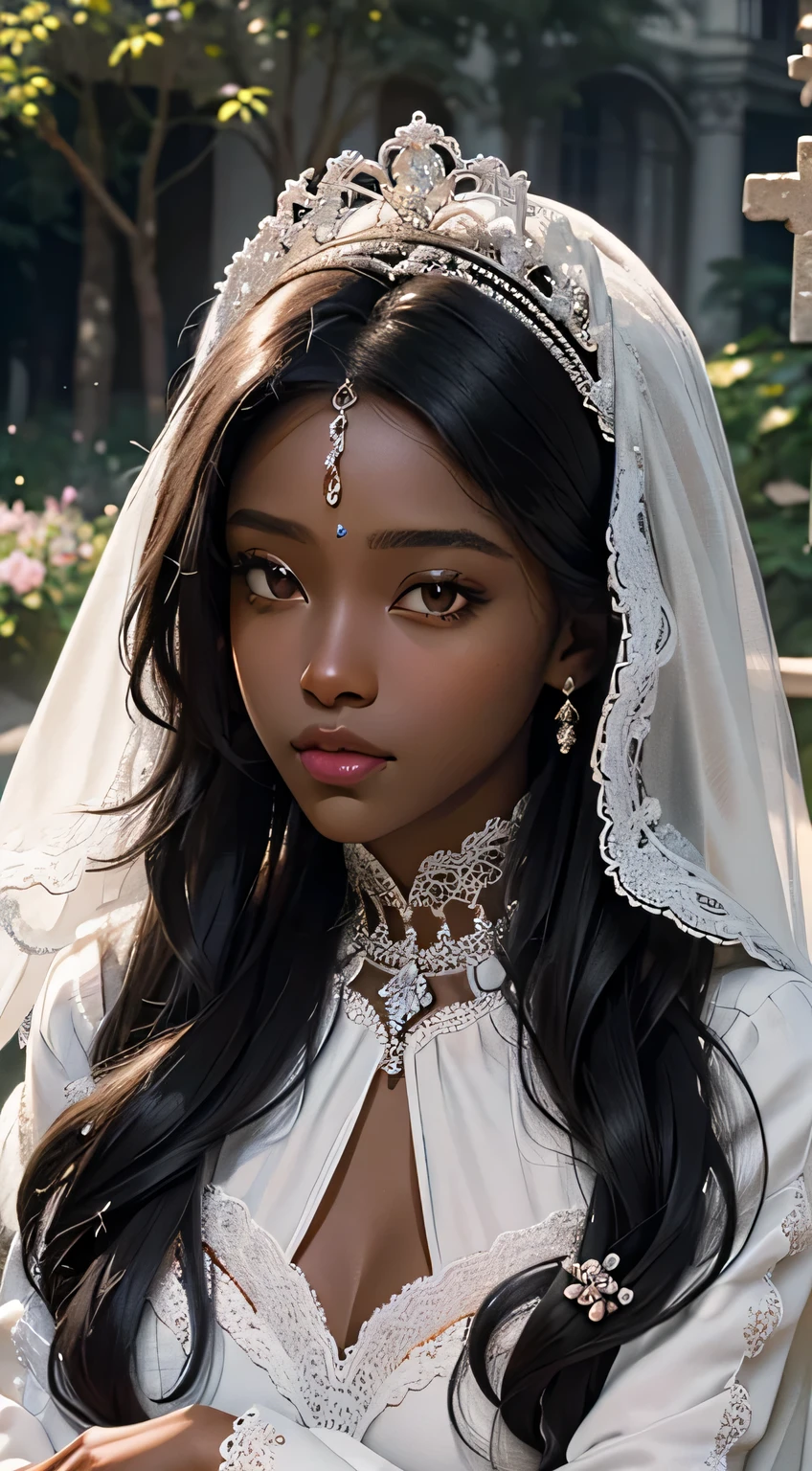(absurd, high resolution, ultra detailed), 1 girl (dark skin, afro, pretty, delicate lips and tiny nose), Alone, mature, (long straight black hair), Baroque, White dress, a beautiful bride, long sleeve, elegant, sacred, more detailed, portrait, a beautiful bride, close up, in the garden, flowing hair, flower, delicate crown, work of art, most beautiful dark-skinned woman