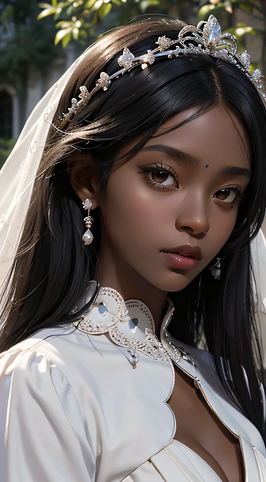 (absurd, high resolution, ultra detailed), 1 girl (dark skin, afro, pretty, delicate lips and tiny nose), Alone, mature, (long straight black hair), Baroque, White dress, a beautiful bride, long sleeve, elegant, sacred, more detailed, portrait, a beautiful bride, close up, in the garden, flowing hair, flower, delicate crown, work of art, most beautiful dark-skinned woman