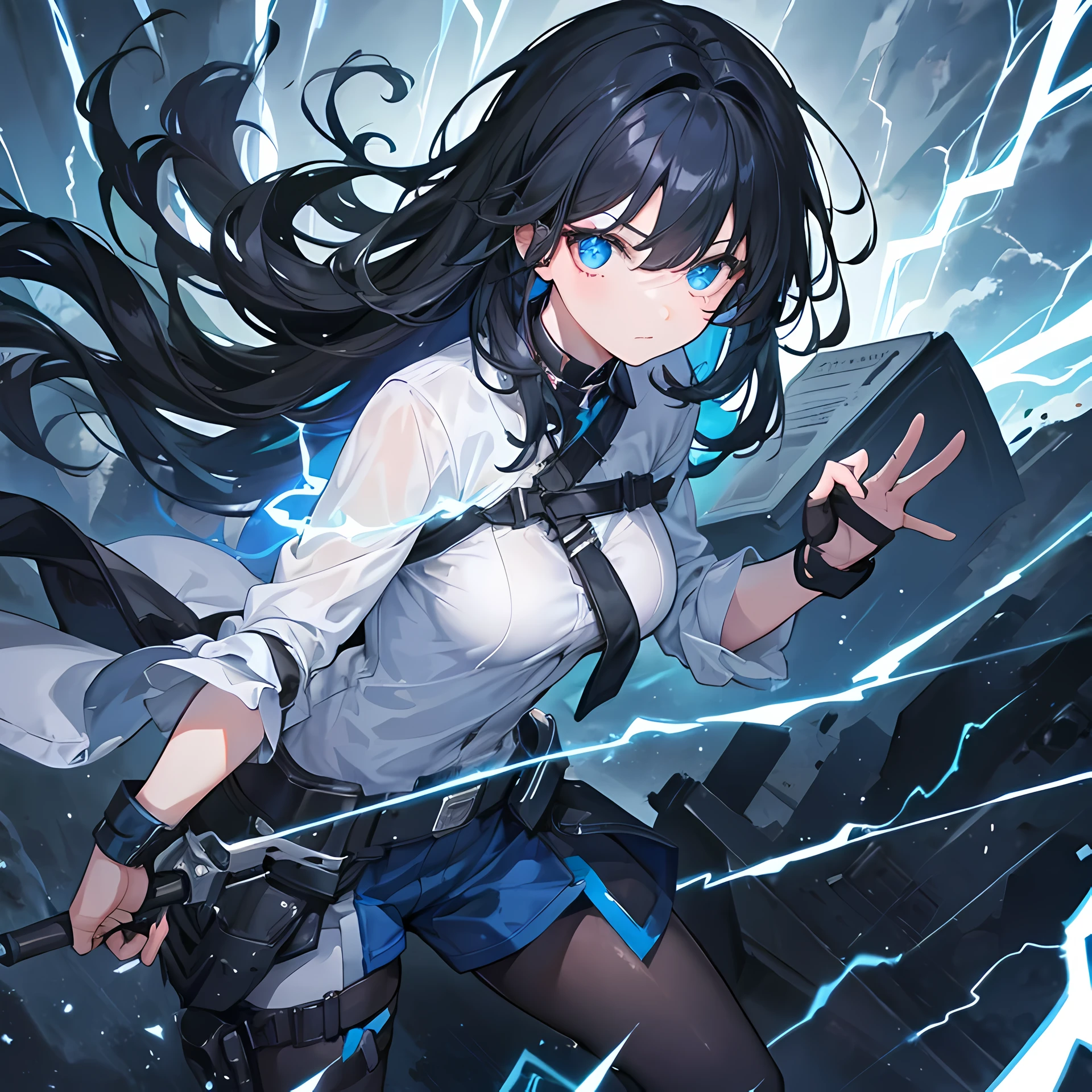 A girl, black hair, in a middle of storm, lightning bursting out of her hands, glowing blue eyes