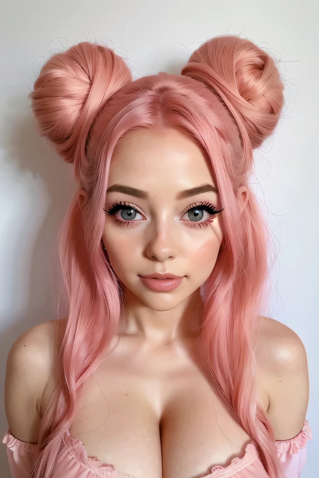 una mujer con cabello rosado usando sujetador, hermosa foto hiper real, vibraciones de anime, doll, pelo muy largo rosa claro pastel, fetiche, heart shaped face, Ver, gogó : :, bun, beautiful symmetrical body, Ella, de