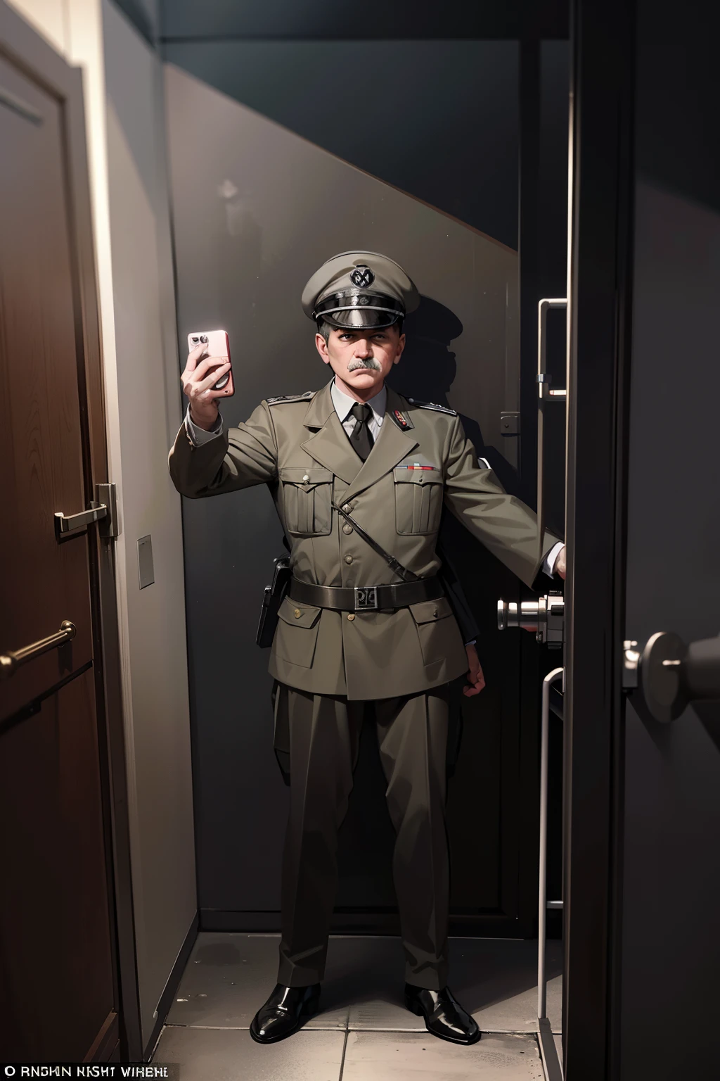 Controversial scene: Hitler taking a selfie next to a gas chamber--a chilling tableau vivant

The infamous figure, Adolf Hitler, captured a moment of macabre self-indulgence in this chilling tableau vivant. With an expression of smug satisfaction, he held a rudimentary camera aloft, its lens focus on the atrocity before him--the cold, sterile chamber, designed to extinguish human lives. The gas chamber loomed behind him, a monstrous testament to mankind's capacity for evil.

Hitler's uniform was impeccably tailored, the swastikas on his sleeves threatening