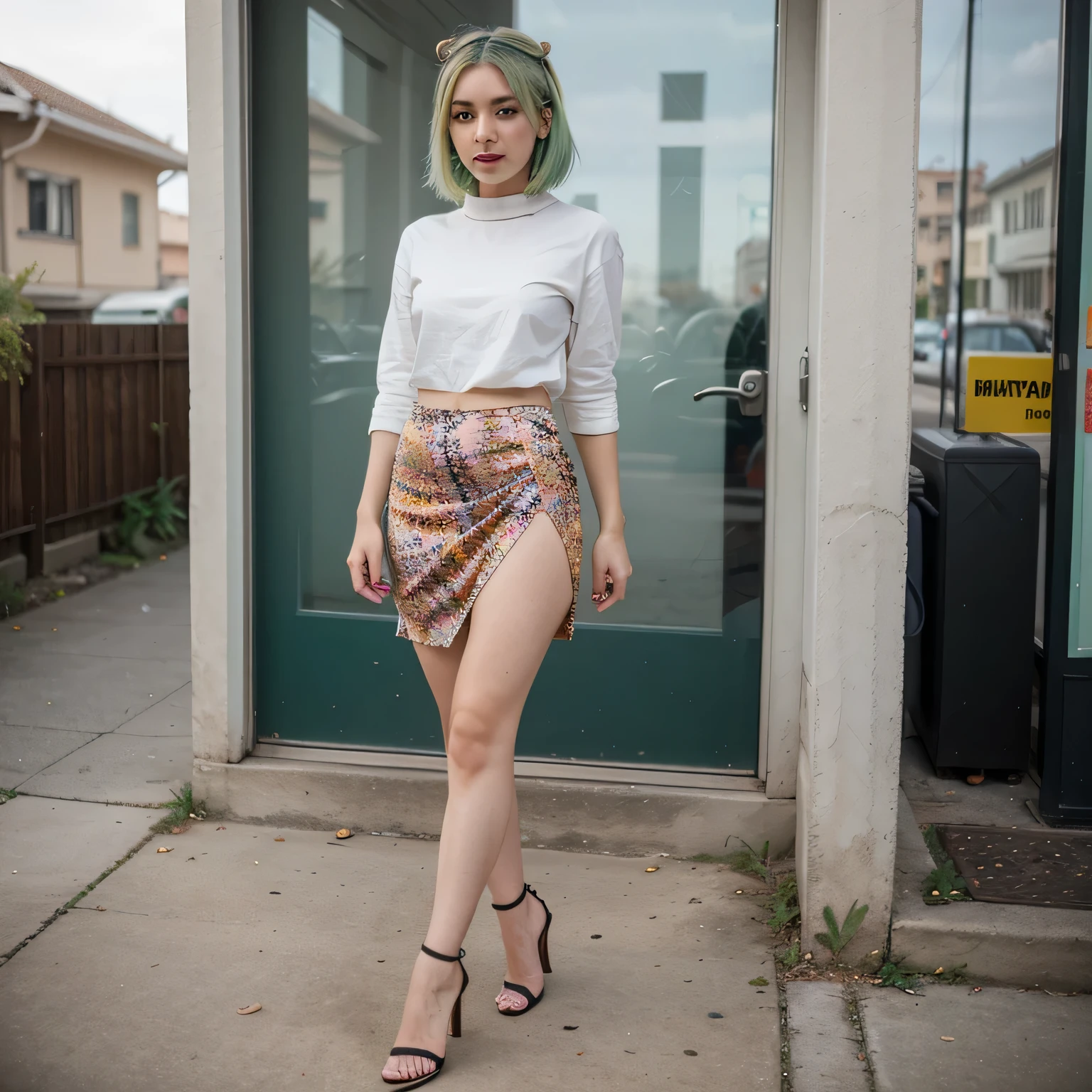 1girls, Nur, green Hair , 24 years old , Crazy energy, colorful patterned midi skirt, red high heels