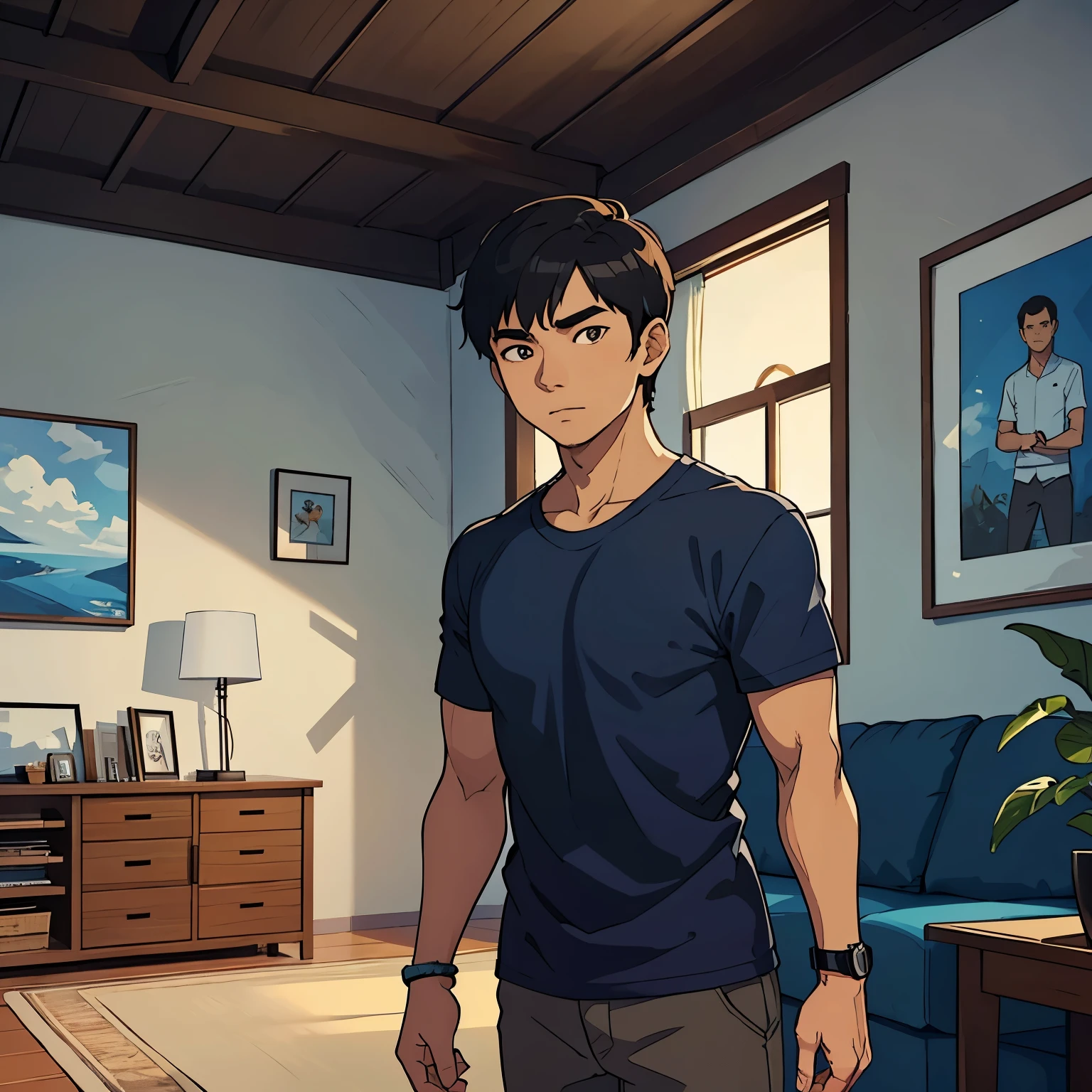 An Indonesian man with a handsome oval face, wearing a black watch, wearing a blue t-shirt, tan skin color,In the living room, standing, silent, talking, eyes glazed.