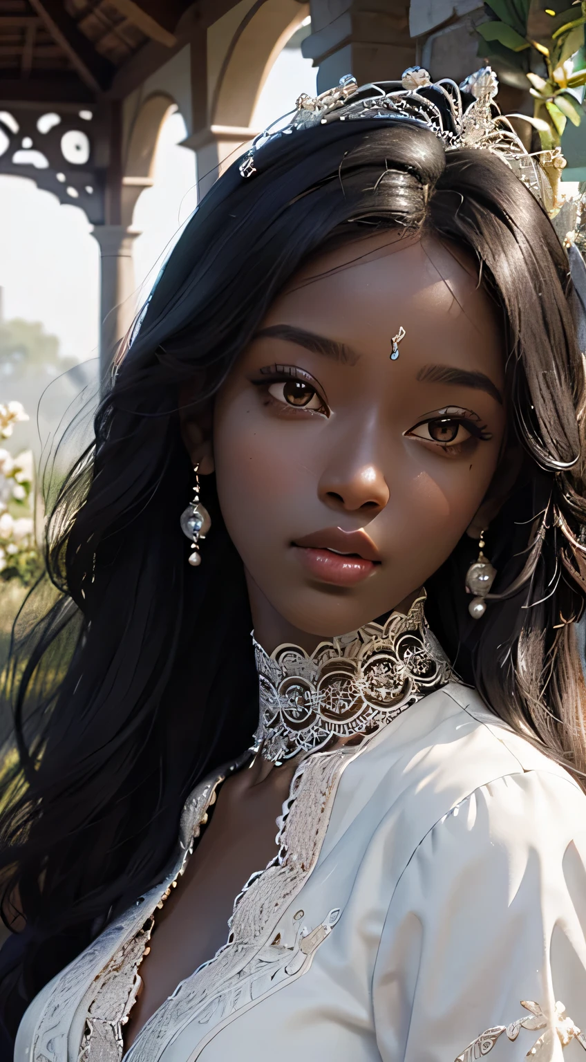 (absurd, high resolution, ultra detailed), 1 girl (dark skin, afro, pretty, delicate lips and tiny nose), Alone, mature, (long straight black hair), Baroque, White dress, a beautiful bride, long sleeve, elegant, sacred, more detailed, portrait, a beautiful bride, close up, in the garden, flowing hair, flower, delicate crown, work of art, most beautiful dark-skinned woman
