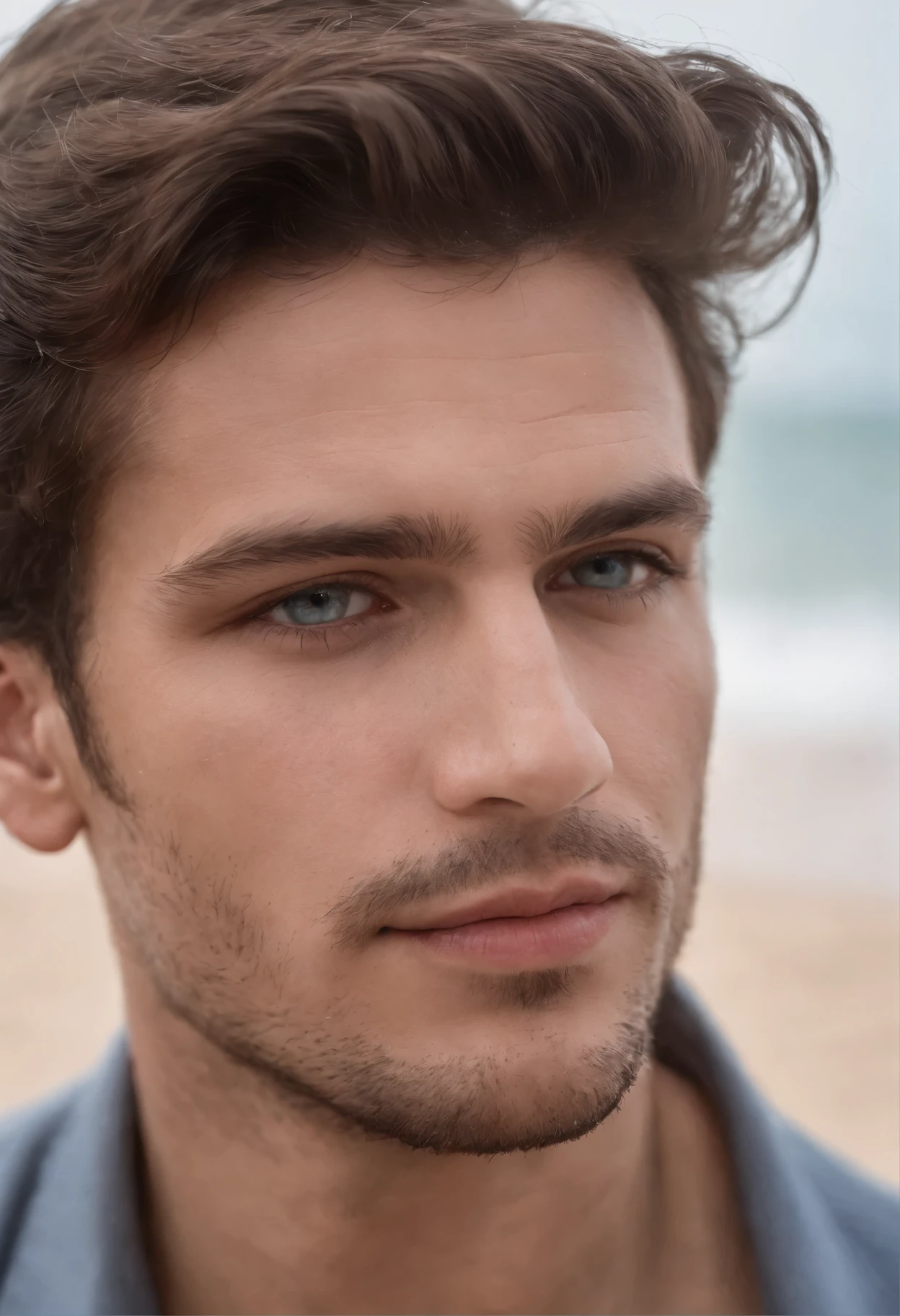 Foto de un hombre alto con buen fisico definido, tiene el pelo largo negro, ojos azules y rasgos duros en el rostro, has a defined jaw. En su cuello presenta un tatuaje de un serpiente. Se encuentra en la playa asi que viste un short color azul en su detras se observa la playa 