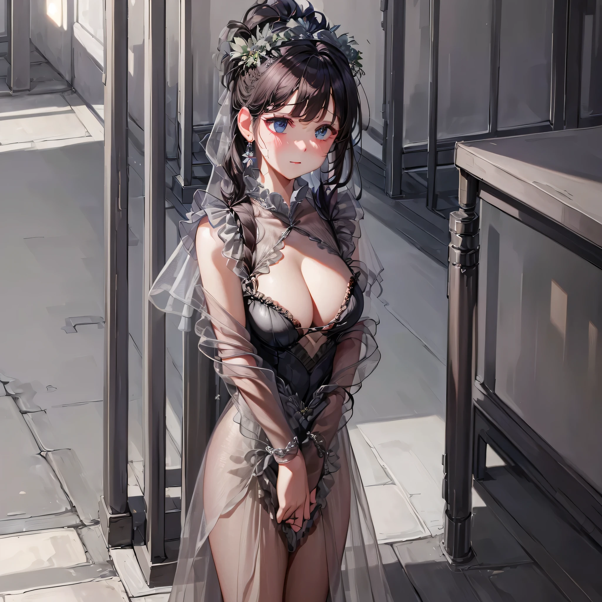 (a girl),long sheer gown,dark cave,solobound,grey sheer dress,(best quality,4k,8k,highres,masterpiece:1.2),ultra-detailed,photorealistic,colorful lighting,soft shadows,princess theme,romantic vibes,dramatic atmosphere,fantasy setting