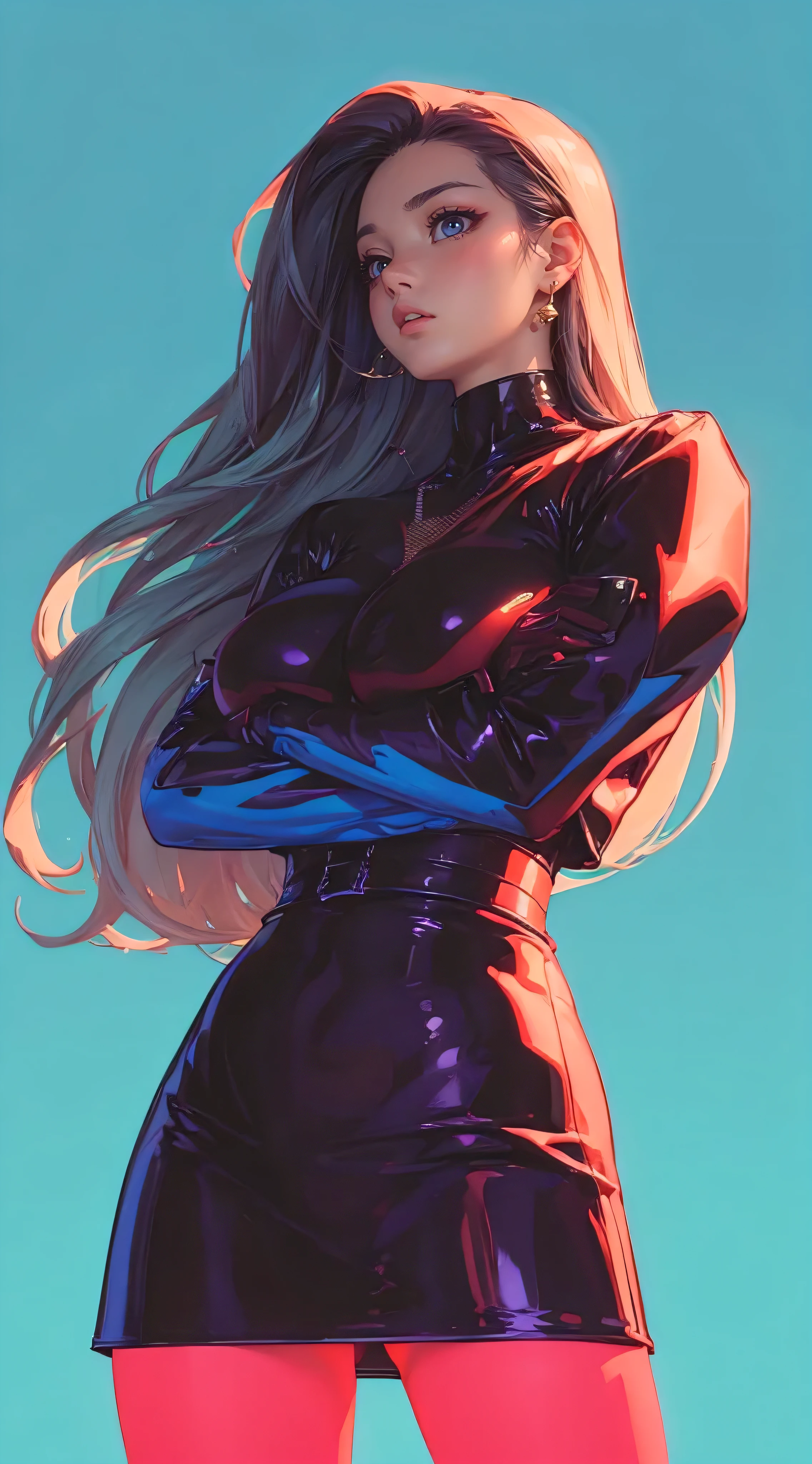 (best quality, masterpiece:1.2), a beautiful curvaceous woman, big breasts, fit, slim waist, neon latex, cyberpunk city, anime style, simple lines
