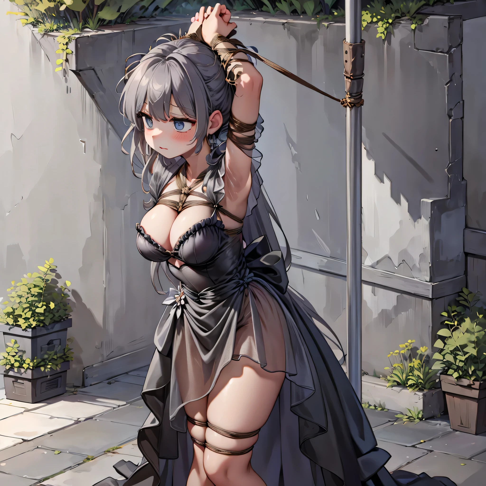 Princess tied up in a long sheer gown in the dark cave,solobound, grey sheer dress