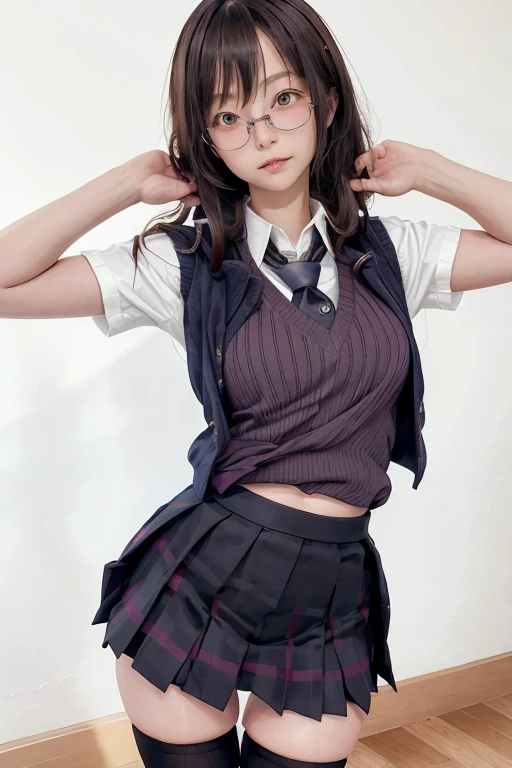 misaki, sweater vest, tie, shirt, pleated skirt, uniform, college, thighhigh socks, skirt lift, pussy