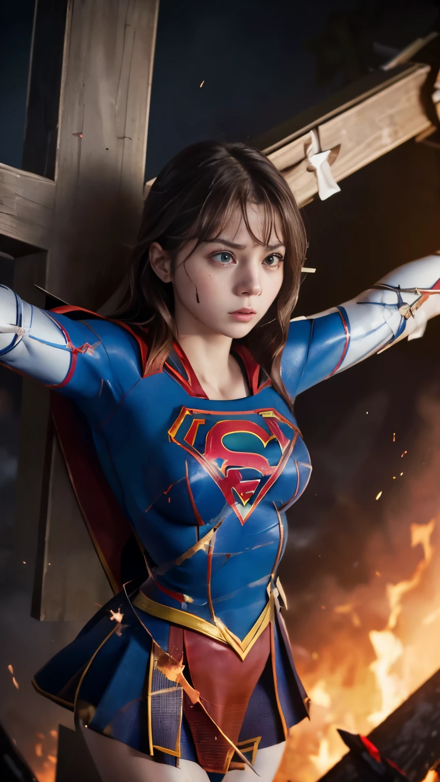 highest quality，masterpiece，UHD, Super detailed, 8K，(Beautiful woman)，(一人のBeautiful woman)，((crucifixion:1.5))，(((cross)))，(execution)，((incontinence))，scared，torture，slave，((crossにcrucifixionにされた女性：1.5)),crucifixion刑，((supergirl:1.5))，blue suit，Superman logo on chest，red skirt，red boots，((torn costume：1.5))，((Tearing of clothes：1.5))，(tattered clothes：1.5)，Beaten face，顔にtraces of being beaten，((bruises on body))，scars on body，injured face and body，(Bruise, dirty, torn clothes, revealing clothes, Blood:1.3)，traces of being beaten，Defeated heroine，a devastated world，ruins，abandoned building，(burning at the stake)，((roasted over fire：1.2))，inflammation，(inflammationに包まれている)，足下にinflammation