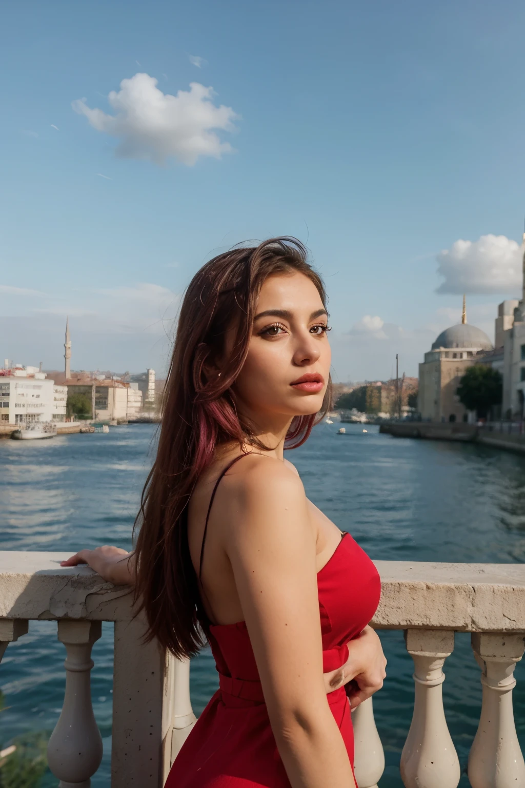 ((best quality)), ((masterpiece)), (detailed), ((best quality)), ((masterpiece)), (detailed),from the far profile, in a more vibrantly colored setting, a pink-haired Iranian-Turkish mix woman with full lips and long hair in full outline with istanbul in the background in a red dress