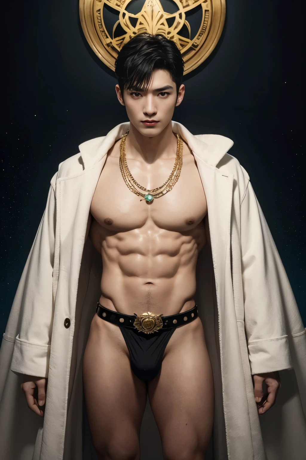 A muscular Korean man is in a wonderland, 20yo, Lleva un rico blanco como la nieve (capa de piel en hombros y espalda) con una pila muy larga, bajo el cual se ve su cuerpo extremadamente musculoso, The emphasis is on the male body. Sobre su cabeza hay un halo rodeado por una nube blanca y una luz sagrada dorada, (Its body is adorned with gold chains with precious stones, Anillos para los dedos), (A heavy belt with a band of gold thong underwear with sparkling gemstones). entrepierna voluptuosa. Tiene el pelo corto y negro con las sienes afeitadas y grandes ojos verdes expresivos. Un reloj marca a lo lejos. This scene looks like something out of the realm of fantasy or legend seen from above