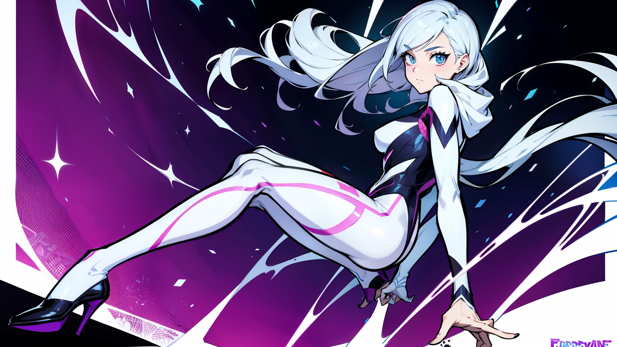 spider gwen em seu traje completo com mascara e tudo, full body with handmade drawing lines, background fortnite, fortnite game