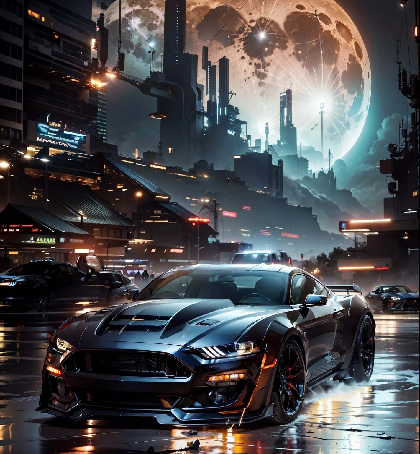 A Mustang sport car headlights on in the foreground, in the background is a sci fi city with lights on and a giant moon in the sky