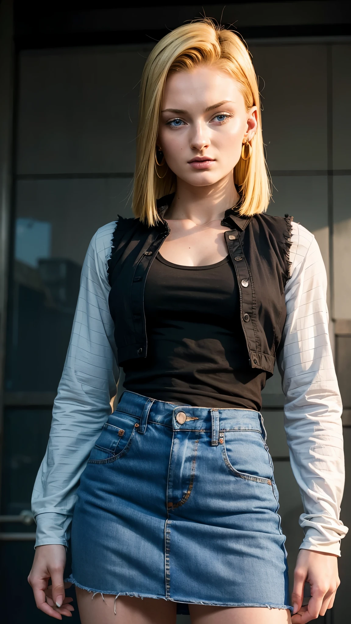 Best Quality, Sophie Turner, hight resolution, and18, 1girl in, Android 18, Solo, Blonde hair, Blue eyes, Short hair, earrings, Jewelry, Denim Vest, open vest, Black pantyhose, Black shirt, jean skirt, Striped long sleeves, Blue skirt, medium breasts, Cowboy Shot, Street, (Externally expanded Chest: 1.2)