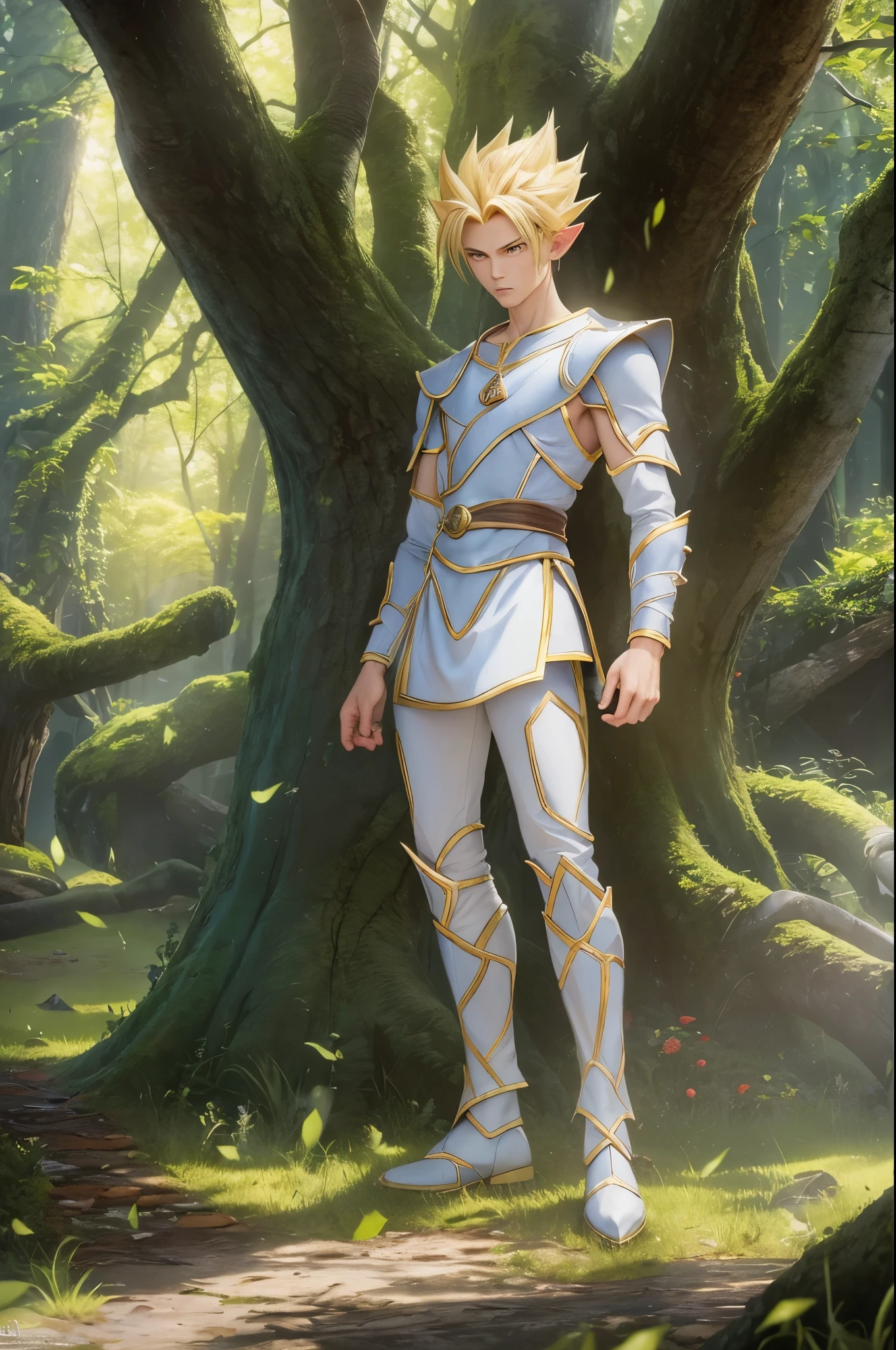 (master piece), 8k, best quality, panoramic view, full body, elf boy, naïve, male, ager, 14 yite skin, slim body, pointed elf ears, beautiful finely detailed silver eyes, high forehead, spiky yellow blonde hair like Gohan from the anime dragon ball (super sayajin), incredibly handsome, calm appearance, happy, conservative elven clothing, walking, in the enchanted forest, talking,