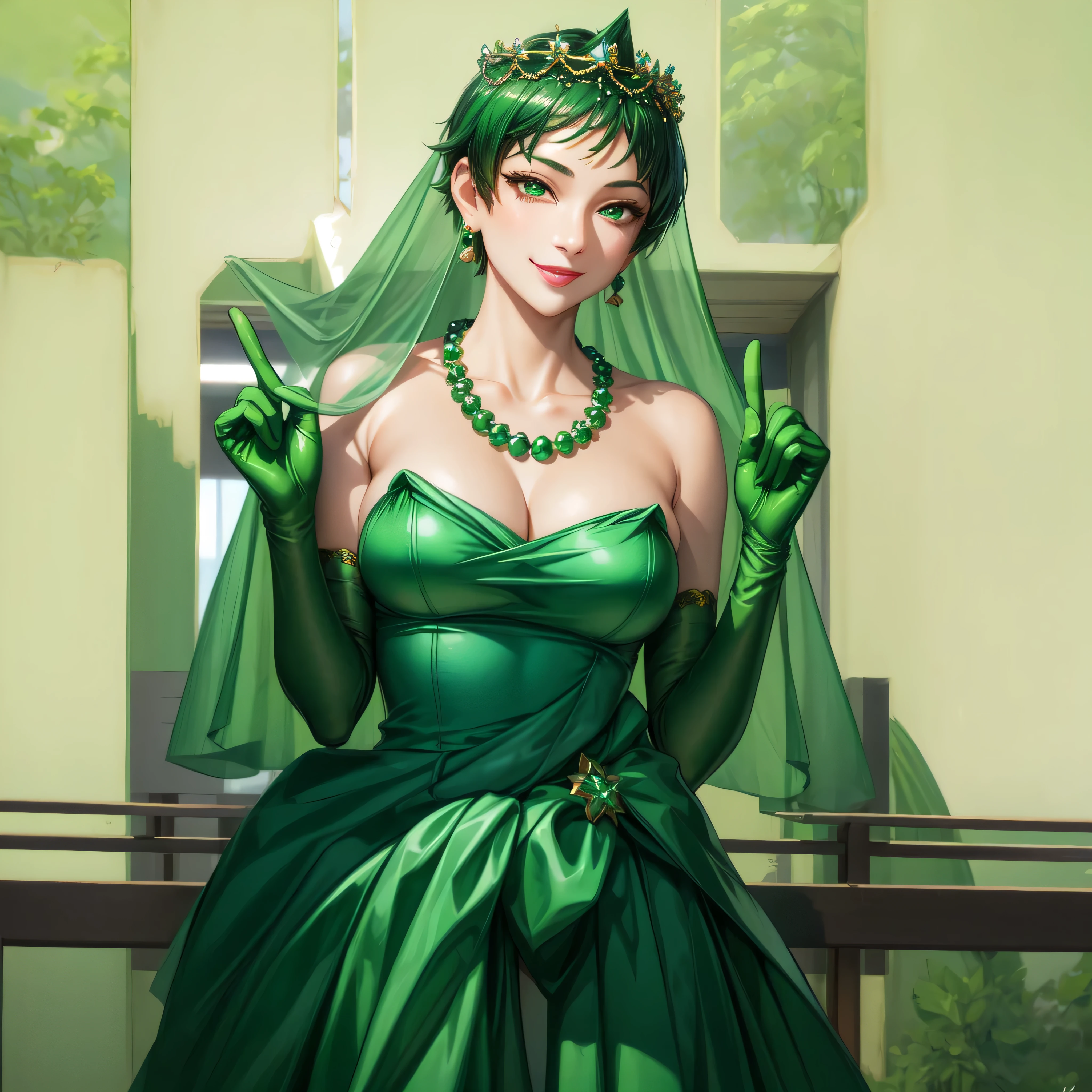 emerald tiara, green pearl necklace, Boyish green berry short hair, lipstick, Smiling Japan woman, very short hair, big breasts beautiful, green eyes, Green long gloves made of satin material, green eyes, V sign, emerald earrings, 30 generation women