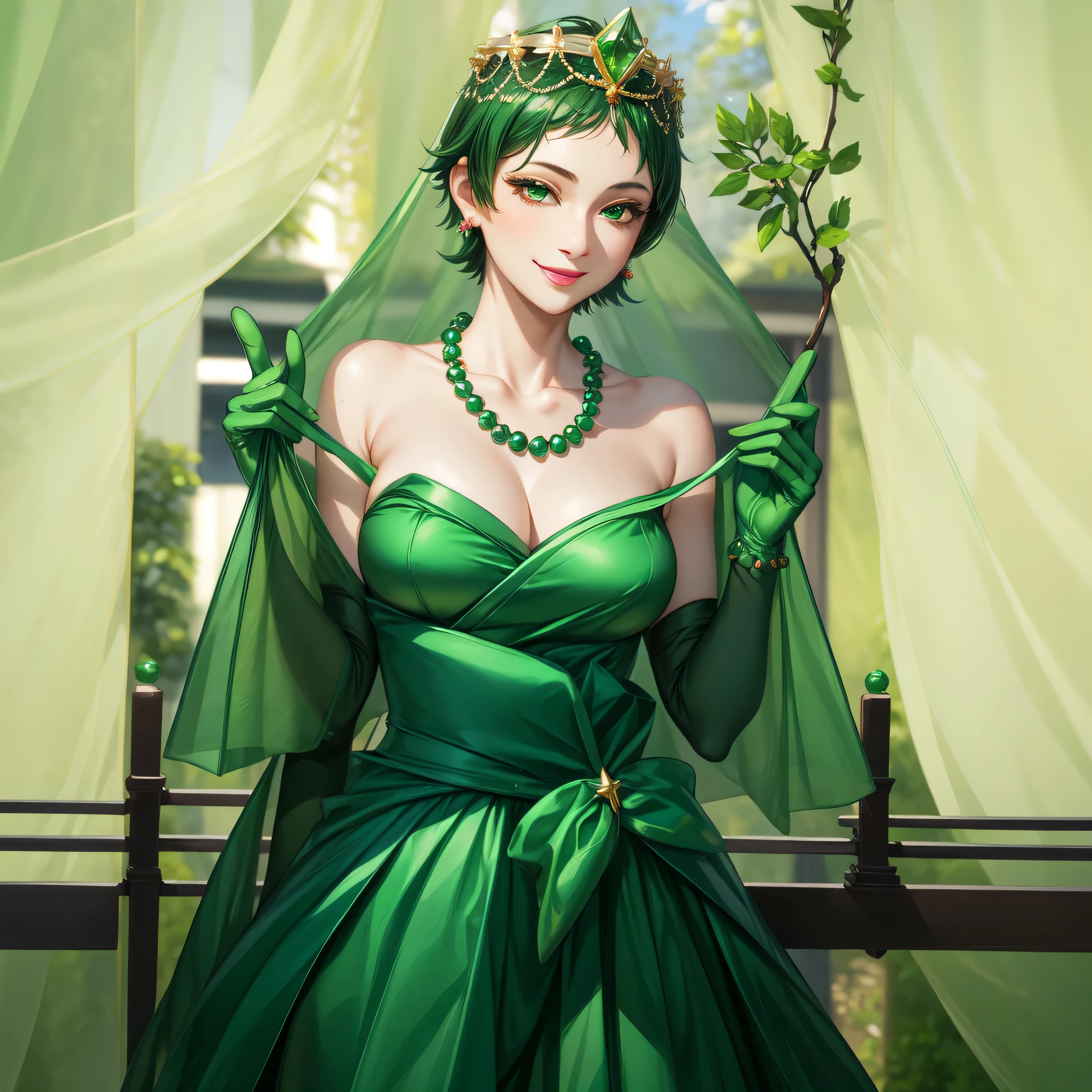 emerald tiara, green pearl necklace, Boyish green berry short hair, lipstick, Smiling Japan woman, very short hair, big breasts beautiful, green eyes, Green long gloves made of satin material, green eyes, V sign, emerald earrings, 30 generation women