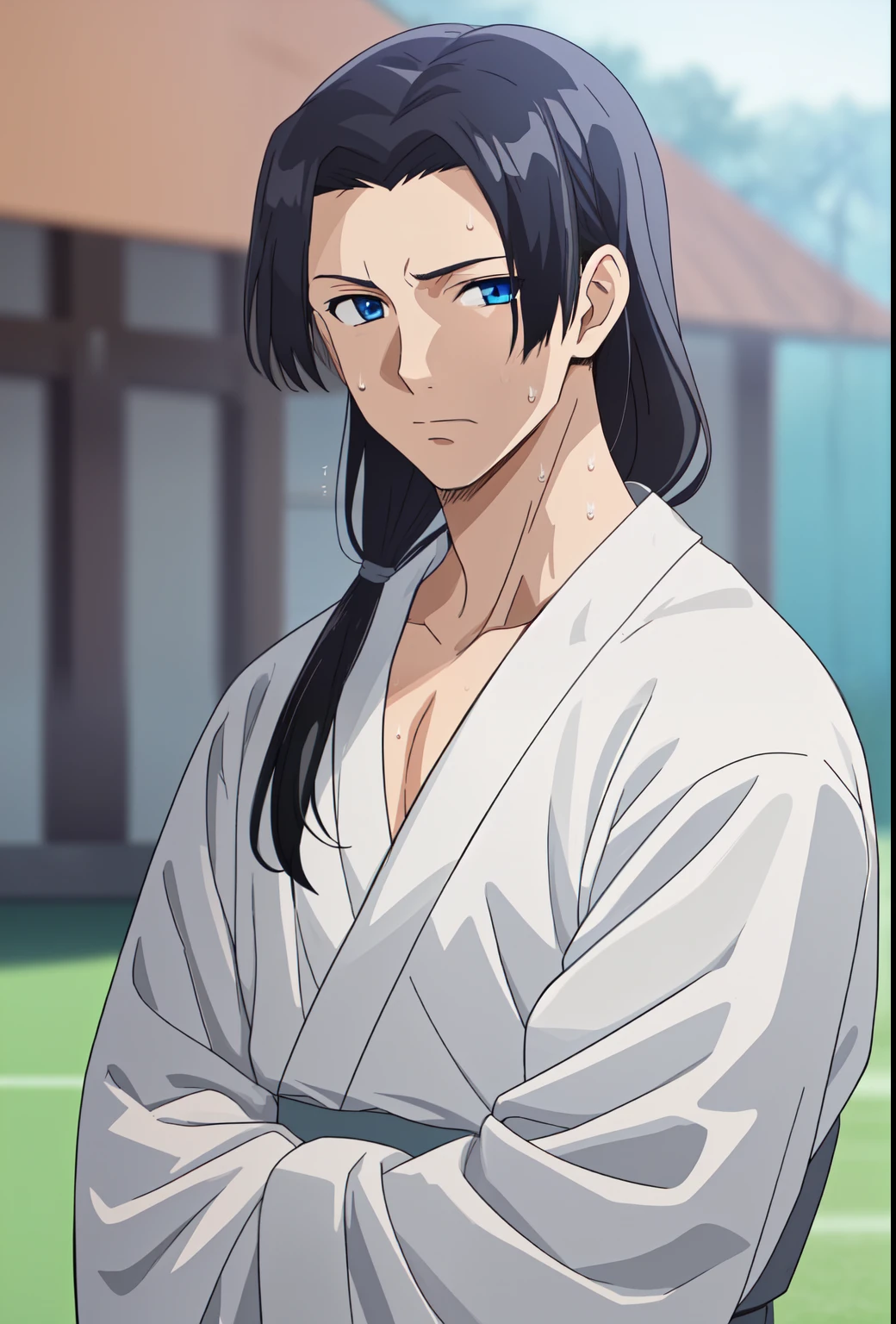 jinshi, long hair, ((BLACK hair)), ((blue eyes)), parted bangs, looking at viewer, low ponytail, solo, sweat, blurry background, 1boy, BREAK
score_9, score_8_up, score_7_up, score_6_up, anime, ((white kimono)),((Stands tall, sports hall background)), ((fully dressed white kimono))