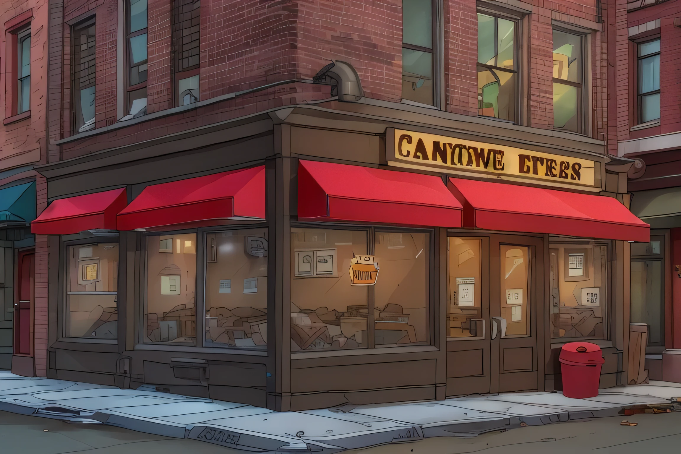 cartoon, small restaurant downtown, corner street, alley, dumpster, early morning, highest quality, masterpiece, 8k uhd