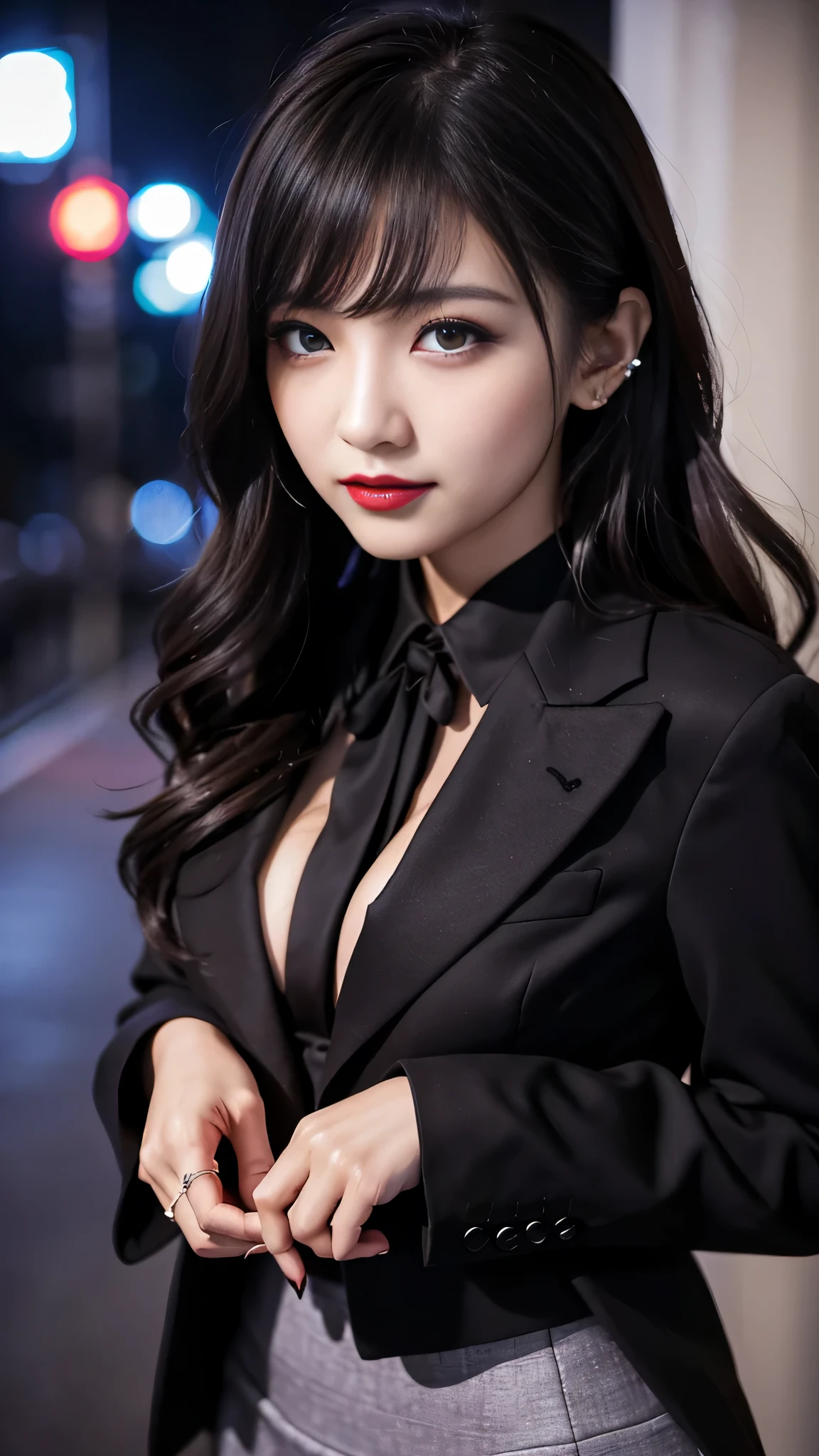 ltra-detailed、Japanese、attractive beauty、seductive adult woman、pretty woman、piercing eyes、cool girl、wavy hair、swept bangs、suit、Jacket、blouse、Tight Skirt、pantyhose、beautiful feet、Evil cadres、evil depravity、brainwash、mind control、lipstick、smirk、evil look、evil、empty eyes、evil、church at night、vampire、succubus、vampire、Possessed and blackened、makeup brush