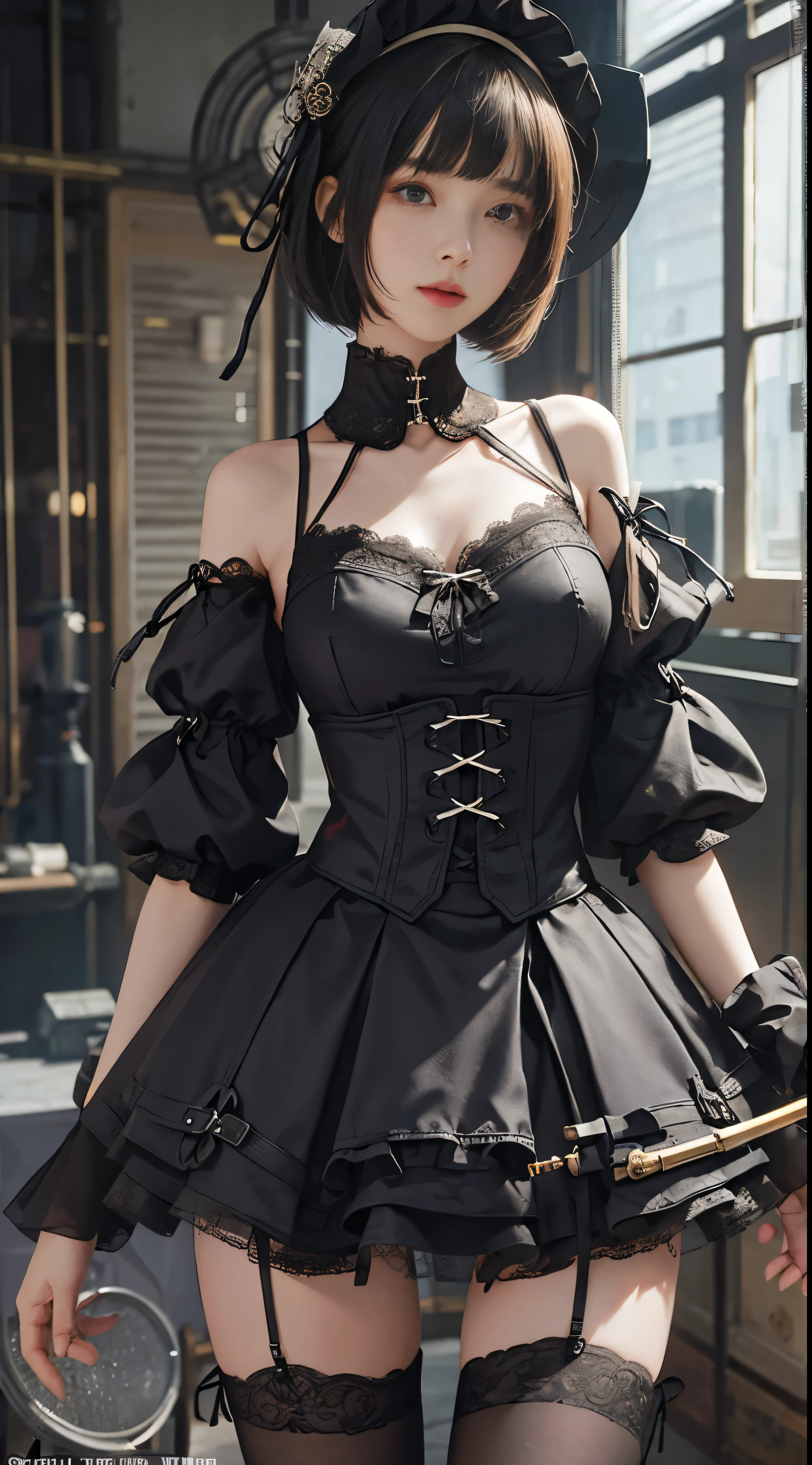 (((masterpiece, highest quality, Super detailed))), 1 female, (((very thin body))) , (((length, thin legs))), (((black short bob, thick fluffy bangs ))), (((highly detailed face))), No cosmetics, small and thin nose, thin mouth with small lips, (((Very sharp focused eyes))), Precise pale gray eyes with large slits, shine like a jewel, length eyelashes, ((Highly decorative intricate mechanical steampunk fashion, Lace Flare Mini Skirt, above the knee lace stockings, Lace Off Shoulder ta Fashion, Overly decorative fashion)), Abandoned Night, Complex mechanized steampunk factory catches fire and explodes, (((Overall accuracy has been dramatically improved, creating a Super detailed and realistic image))), super realistic photos.