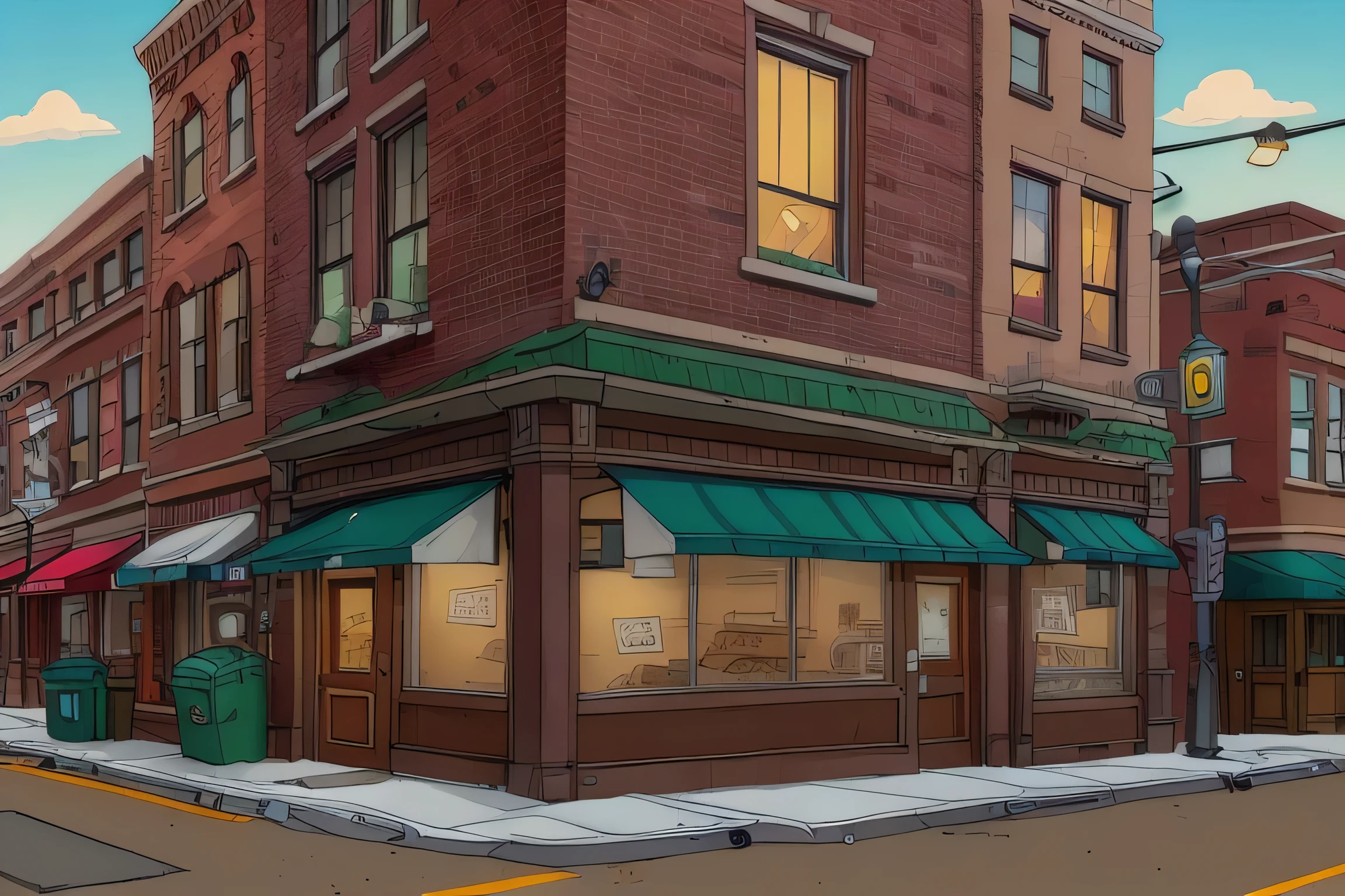 cartoon, small restaurant downtown, corner street, alley, dumpster, early morning, highest quality, masterpiece, 8k uhd