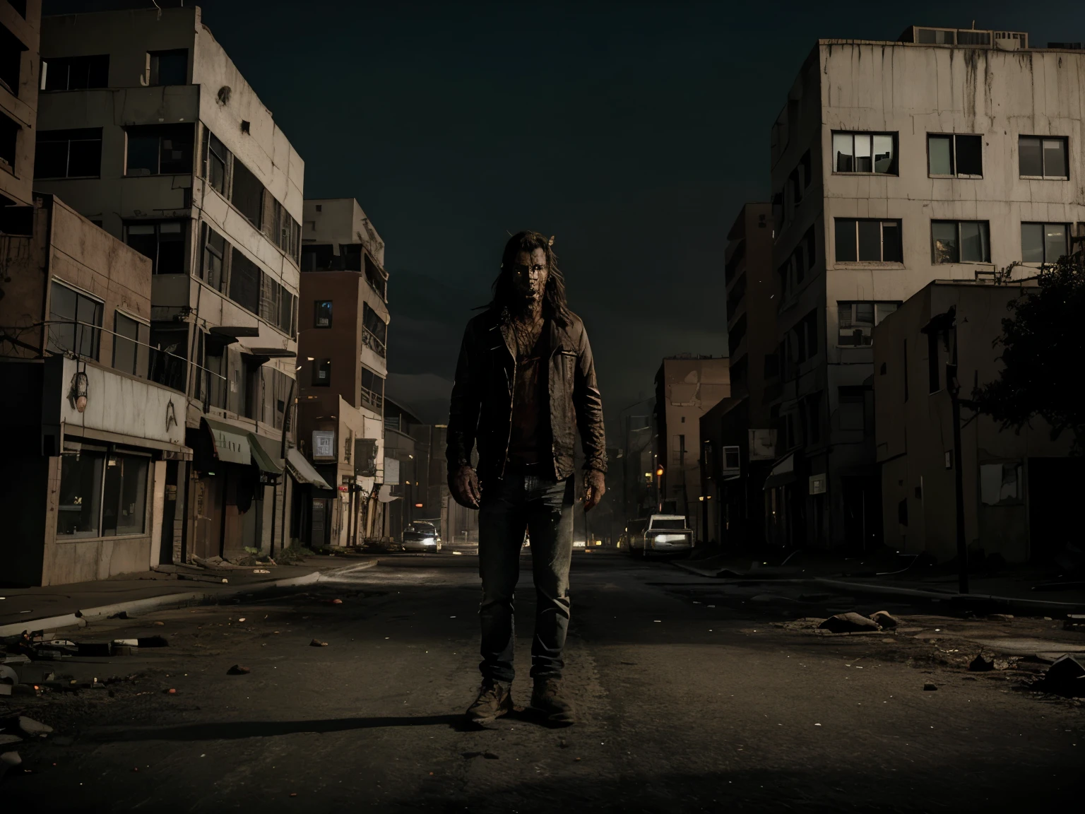 werewolf zombie, standing in the middle of the street, abandoned post-apocalyptic city taken over by vegetation, dark city without lighting
