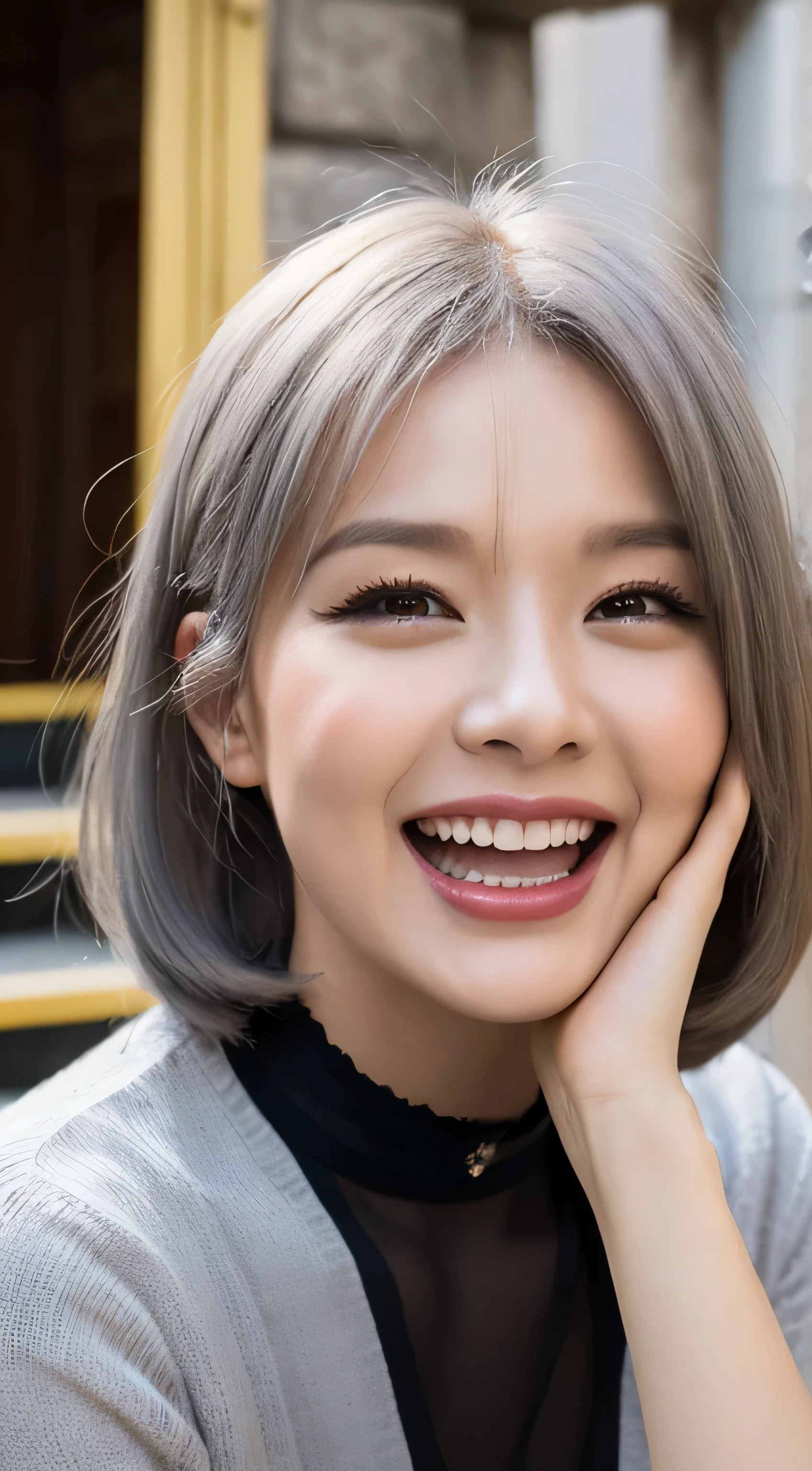 best quality, ultra high res, (photorealistic:1.4), 1girl, Polite dress, black choker, (faded ash gray hair:1), (huge breasts:0.5), looking at viewer, joyful expression, Portrait , Thai temple, historical landmarks, Thailand