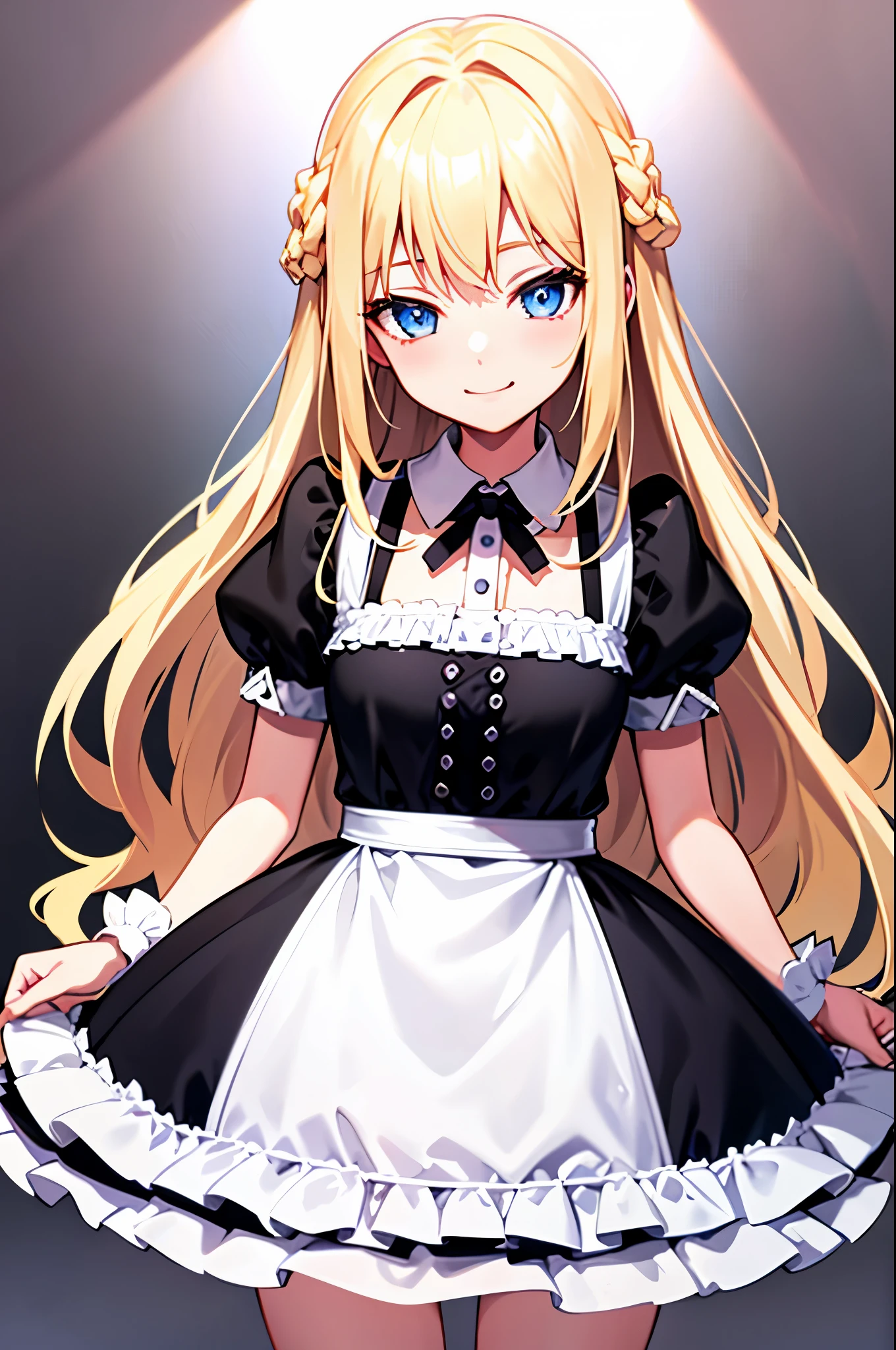 smile, Cafe clothes ,frills , blonde , long hair , blue eyes , looking at the viewer, cowboy shot, Are standing, 1 girl , upright , No pose ,simple background , illumination , black and white clothes , take no pose