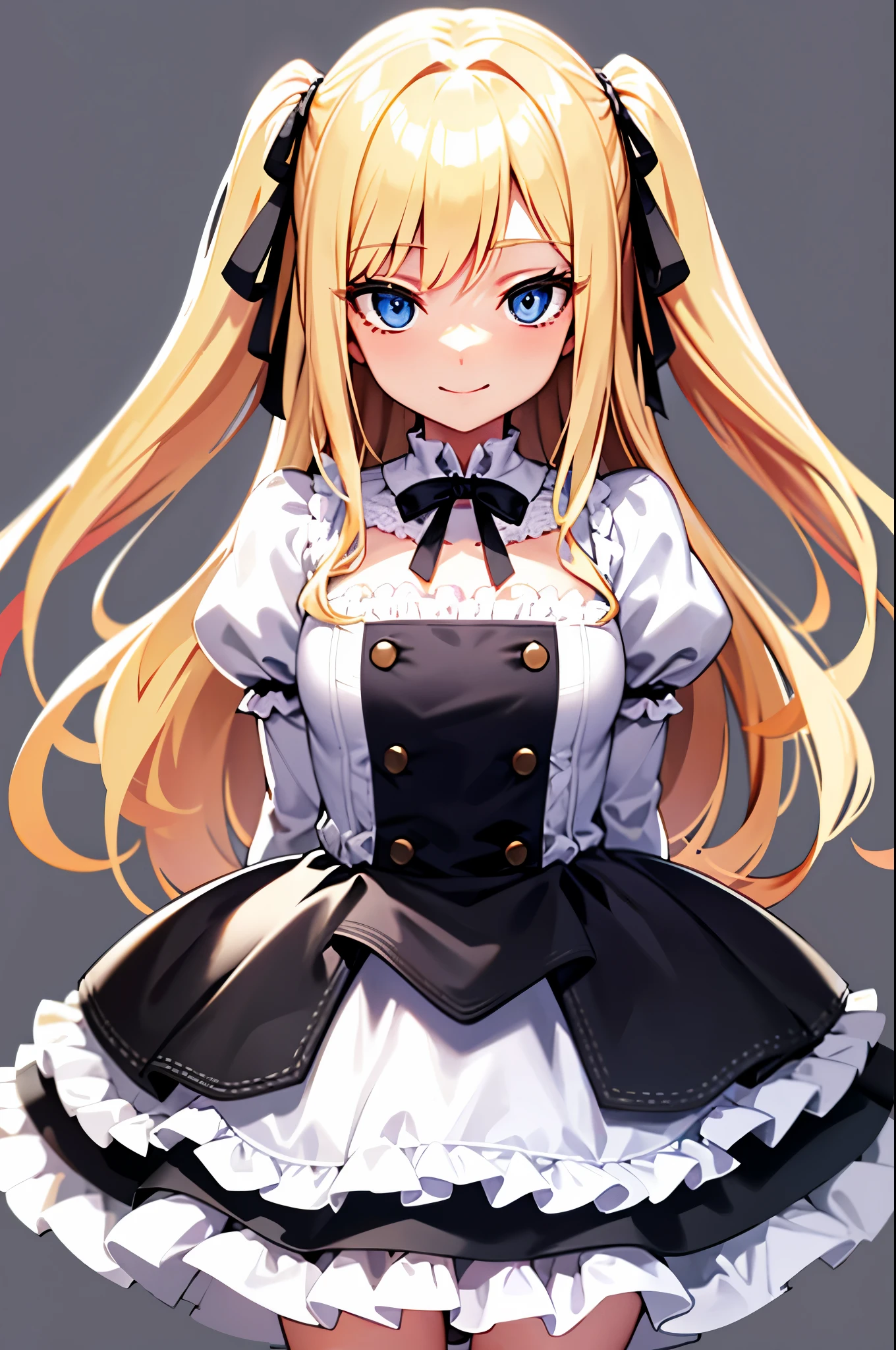 smile, Cafe clothes ,frills , blonde , long hair , blue eyes , looking at the viewer, cowboy shot, Are standing, 1 girl , upright , No pose ,simple background , illumination , black and white clothes , take no pose