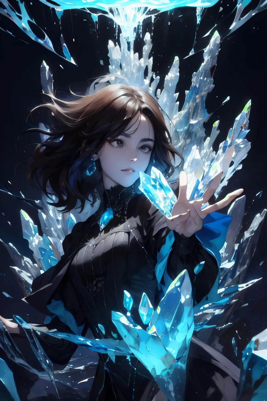 (absurdos, high resolution, ultra detallado), 1 mujer, hembra madura, envejecido, pelo largo ondulado, Brown hair, cafe eyes, Golpes, mangas largas, finely detailed eyes and cara detallada, Fondo de pantalla CG unity 8k extremadamente detallado, Detalles intrincados, (magic-swirl-style:1.0), mirando al espectador, solo, parte superior del cuerpo, antecedentes detallados, de cerca, cara detallada, (dark ages gothic theme:1.1), crystal sorcerer, dynamic pose, earth themed clothing floating in the air, glowing magic shards, surrounded by blue magic crystals, formaciones rocosas, stalactites, Magic Floating Particles, Vaso de cristal, esfera de cristal, Glass barrel bottom, (agua poco profunda:0.7), epic ethereal atmosphere, corriente ascendente,, retrato de piel morena