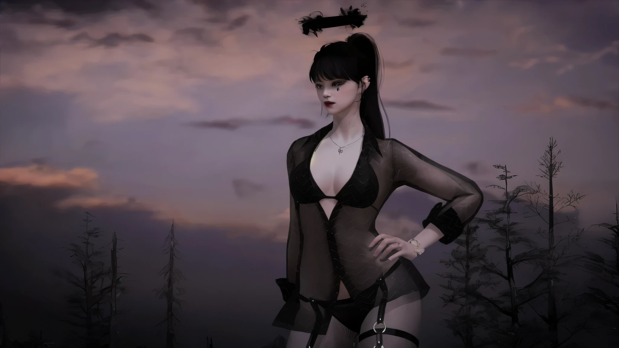 il y a une femme en lingerie e qui pose pour une photo, Style sombre et sensuel, evil Princesse de la friche, inspired by Kim Deuk-sin, Fashionable black witch, inspired by Sim Sa-jeong, Lilith, cruel korean fille gothique, mouton, Strange moors behind her, beautiful sombre, fille gothique, Mode vampire, Femme gothique, Princesse de la friche