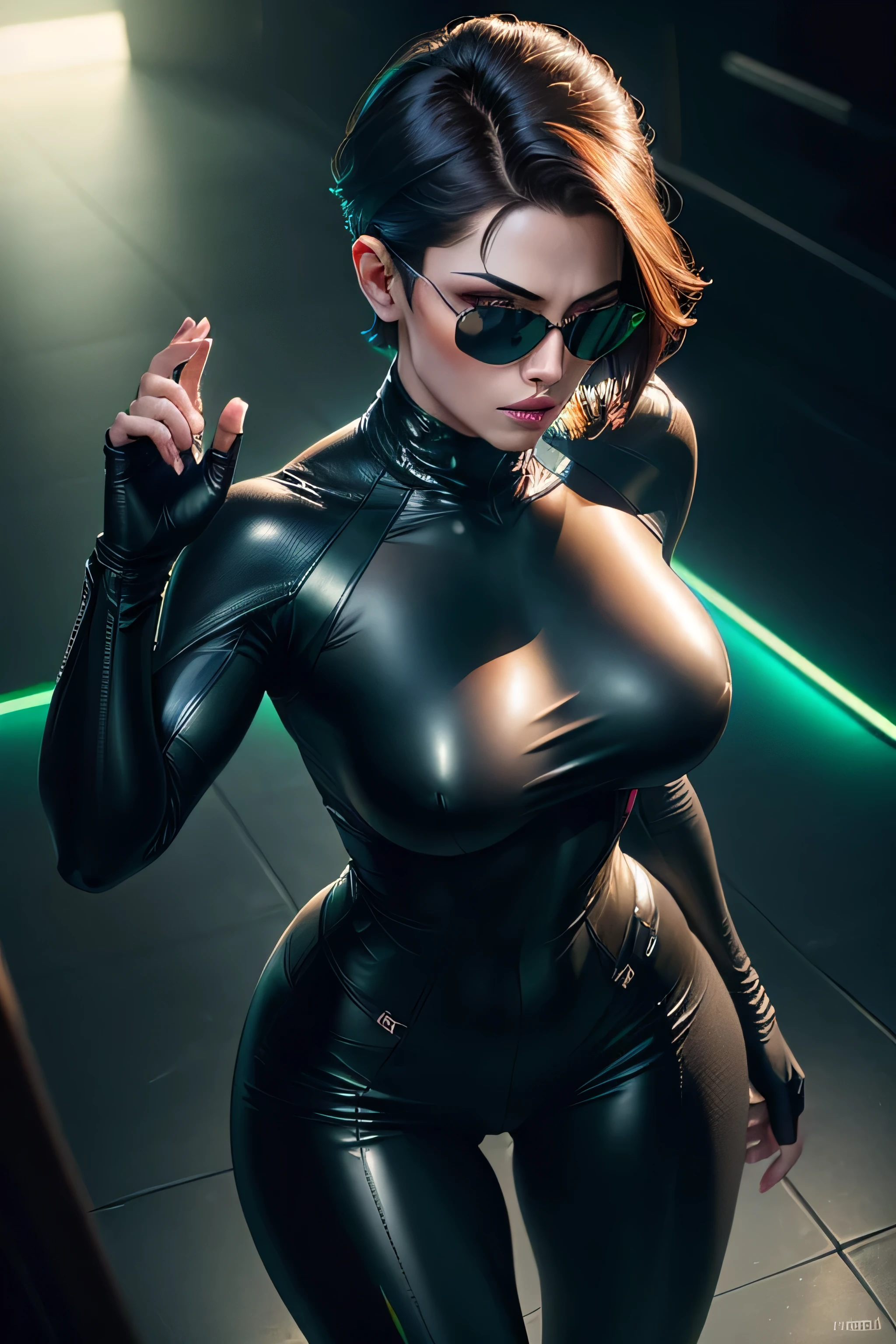 (short-haired brunette, tight-fitting black leather clothing showing curves; Matrix hallway setting; full body, full-length scene) (best quality,4k,8k,highres,masterpiece:1.2), ultra-detailed, (realistic,photorealistic,photo-realistic:1.37), HDR, UHD, studio lighting, extreme detail description, professional, vivid colors, bokeh, portraits, leather texture, mysterious atmosphere, reflective surfaces, futuristic hairstyles, dark sunglasses, intense gaze, martial arts pose, dynamic camera angle, green color palette, dramatic lighting from above, High-tech holographic digital effects
