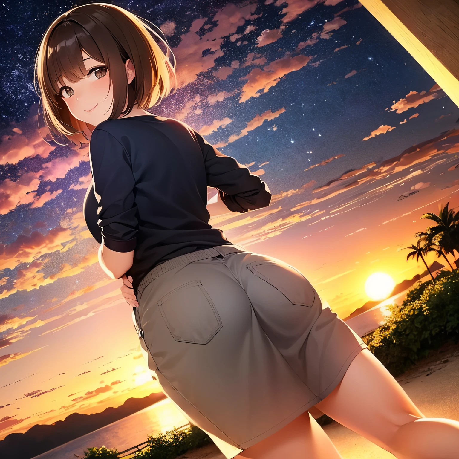 A woman with short brown hair looking back at the sunset sky and smiling