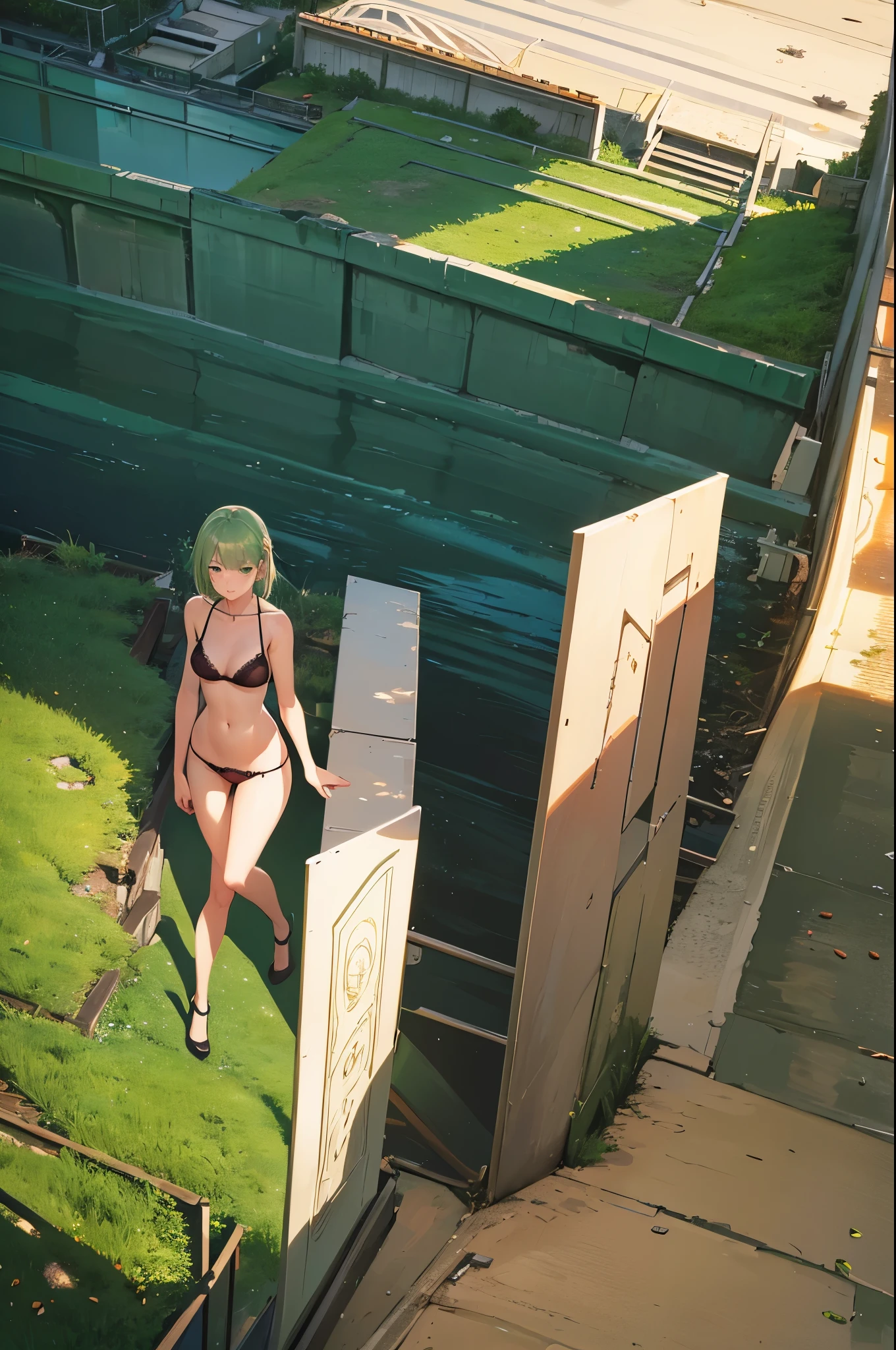 a sexy woman, (best quality), (masterpiece), (1girl), slim, anime, tall, (lingerie), (view from above), (green eyes), (flat chested)