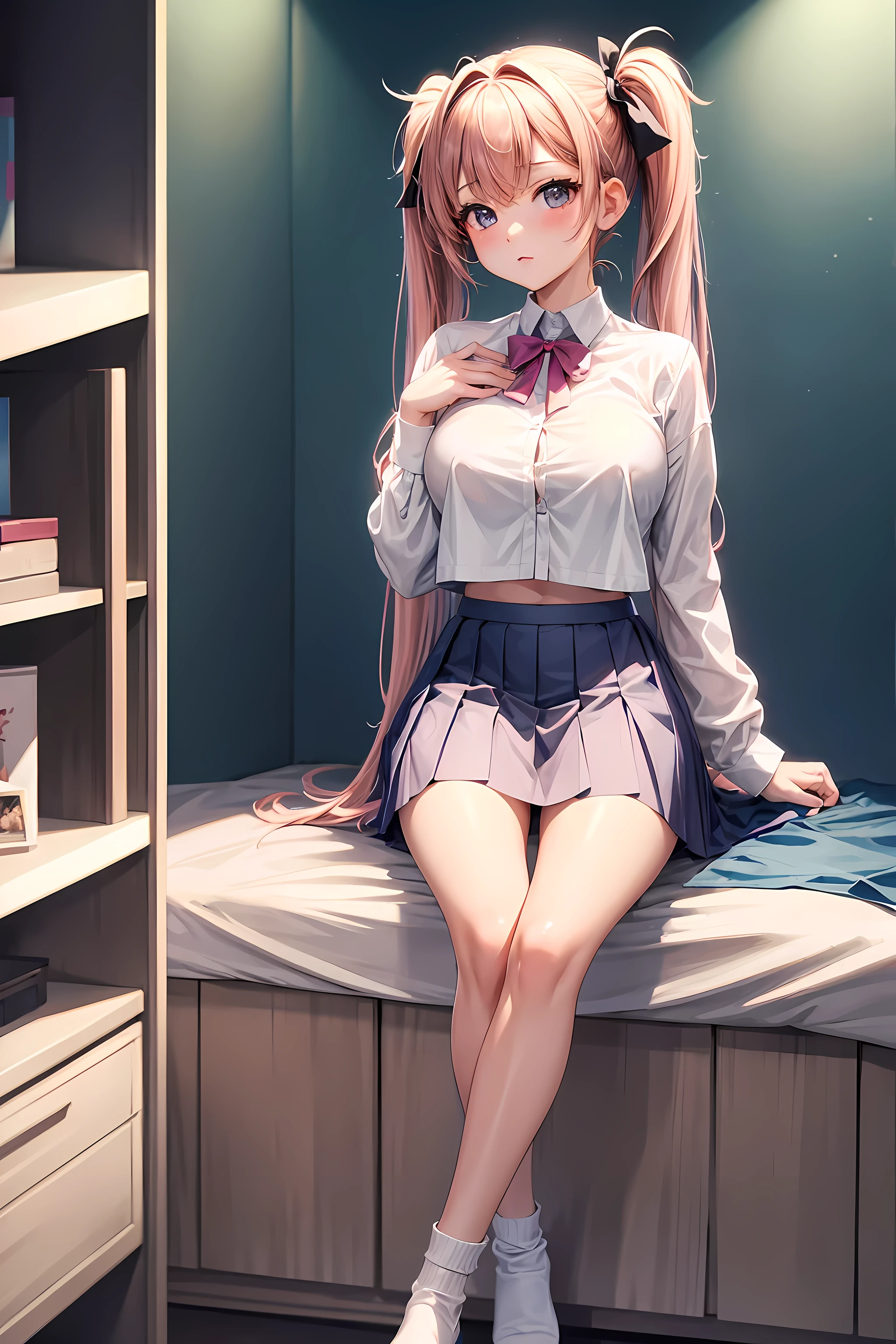 masterpiece,最high quality,high quality,4k,8K,High resolution,Full HD,20 year old beautiful girl,big bust,D cup,twin tails,uniform,mini skirt,thong shorts,On your back,M-shaped spread legs,Cute room in pastel colors