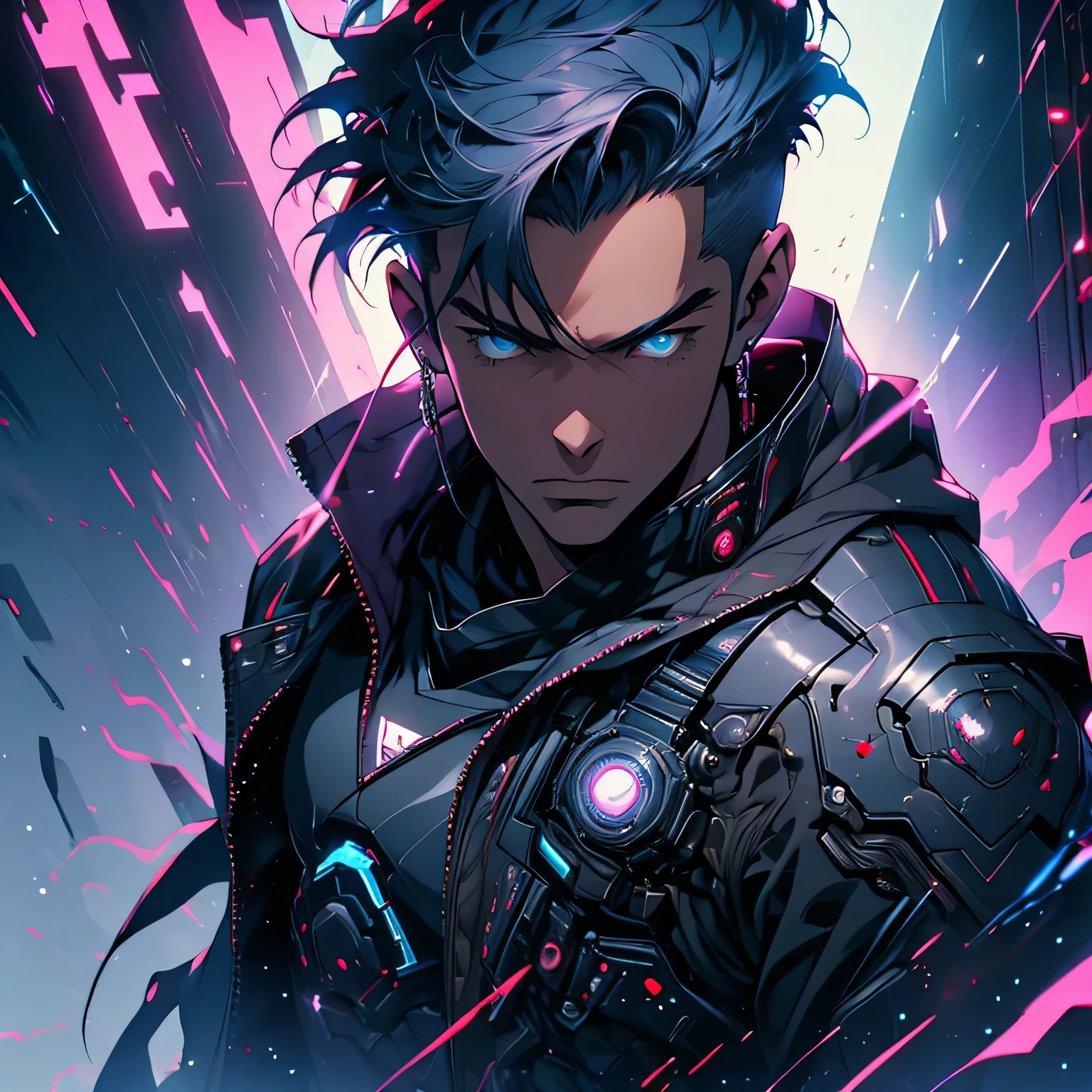 Anime male protagonist. Mysterious and enigmatic, . Unique and original, . Unconventional and non-conformist, . Ambitious and visionary, . Sophisticated and refined;, . Impressive and imposing, . Calm and composed, . Serious and reserved, . Silent and reserved) hyper detail, high resolution, super detail, best quality, amazing, top quality, extremely detailed CG Unity 8k wallpaper, cinematic lighting, cyberpunk, dark boy,  