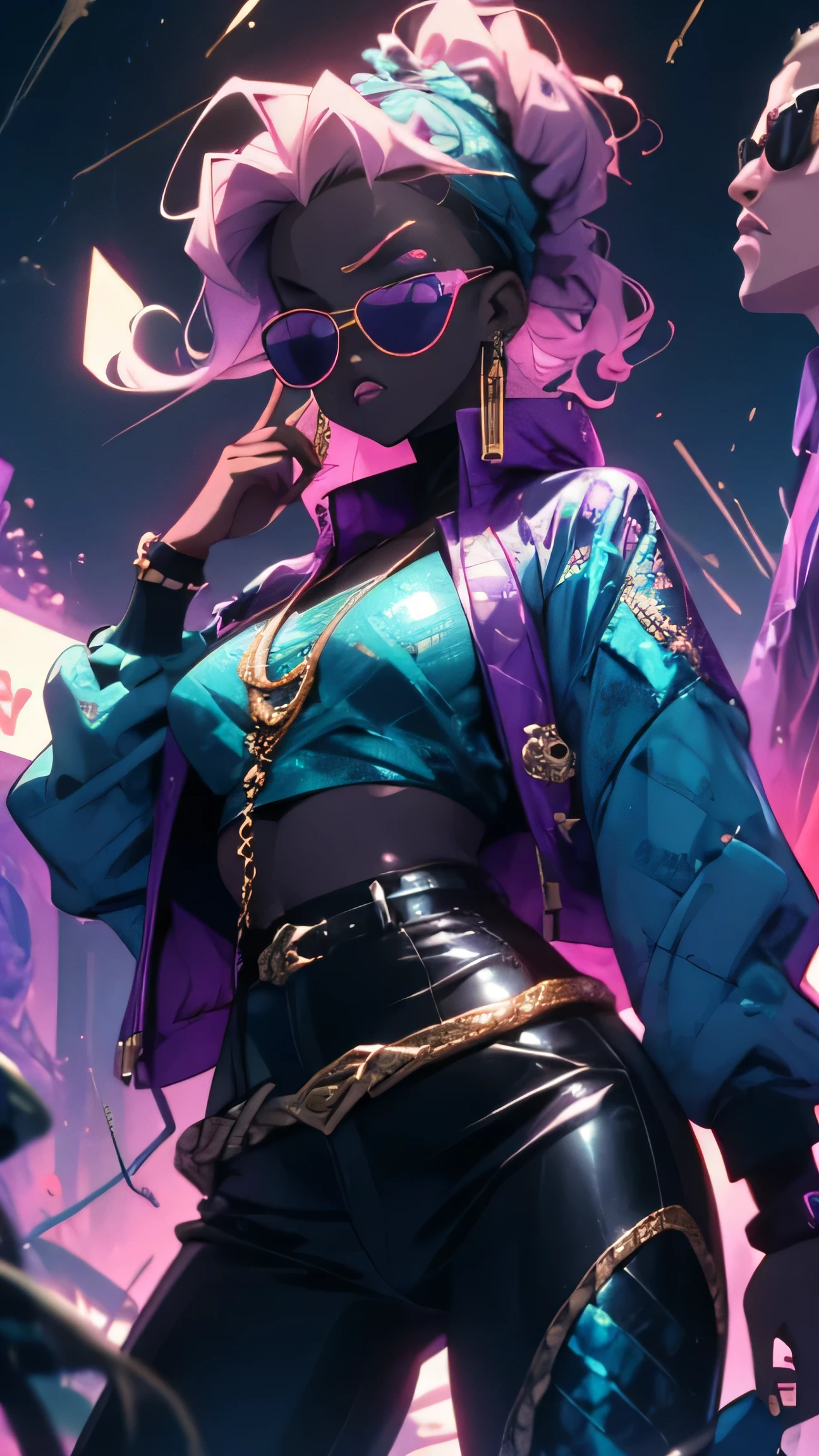 Amanga about two zombies wearincsunglasses in hip hop aesthetic style, deep seasapphire and gold,anime aesthetic,snakepattern,celebrity portraits, deep purple and skyblue#