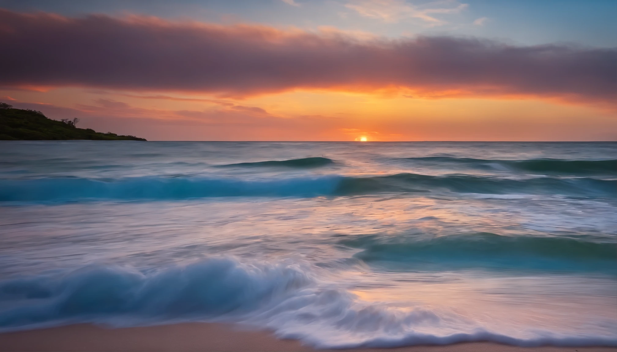 A close-up of the waves of the crystal clear sea with the deserted beach with a colorful and stunning sky