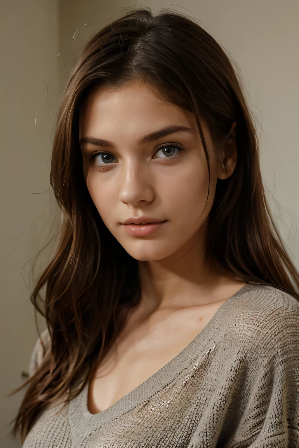 22 year old model with beautiful face. She has no makeup. she is fully clothe. 